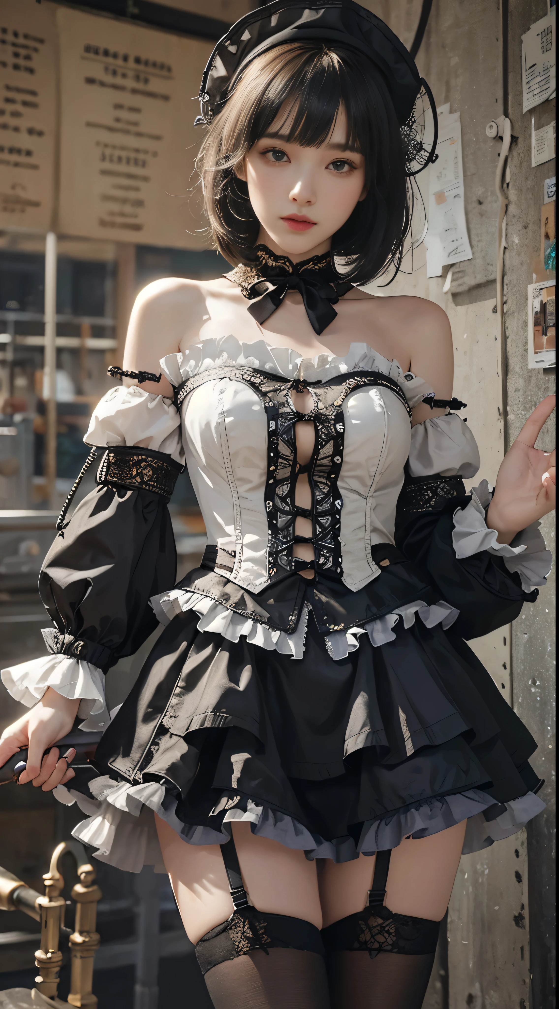 (((masterpiece, highest quality, Super detailed))), 1 female, (((very thin body))) , (((length, thin legs))), (((black short bob, thick fluffy bangs ))), (((highly detailed face))), No cosmetics, small and thin nose, thin mouth with small lips, (((Very sharp focused eyes))), Precise pale gray eyes with large slits, shine like a jewel, length eyelashes, ((Highly decorative intricate mechanical steampunk fashion, Lace Flare Mini Skirt, above the knee lace stockings, Lace Off Shoulder ta Fashion, Overly decorative fashion)), Abandoned Night, Complex mechanized steampunk factory catches fire and explodes, (((Overall accuracy has been dramatically improved, creating a Super detailed and realistic image))), super realistic photos, (((steampunk gun)))