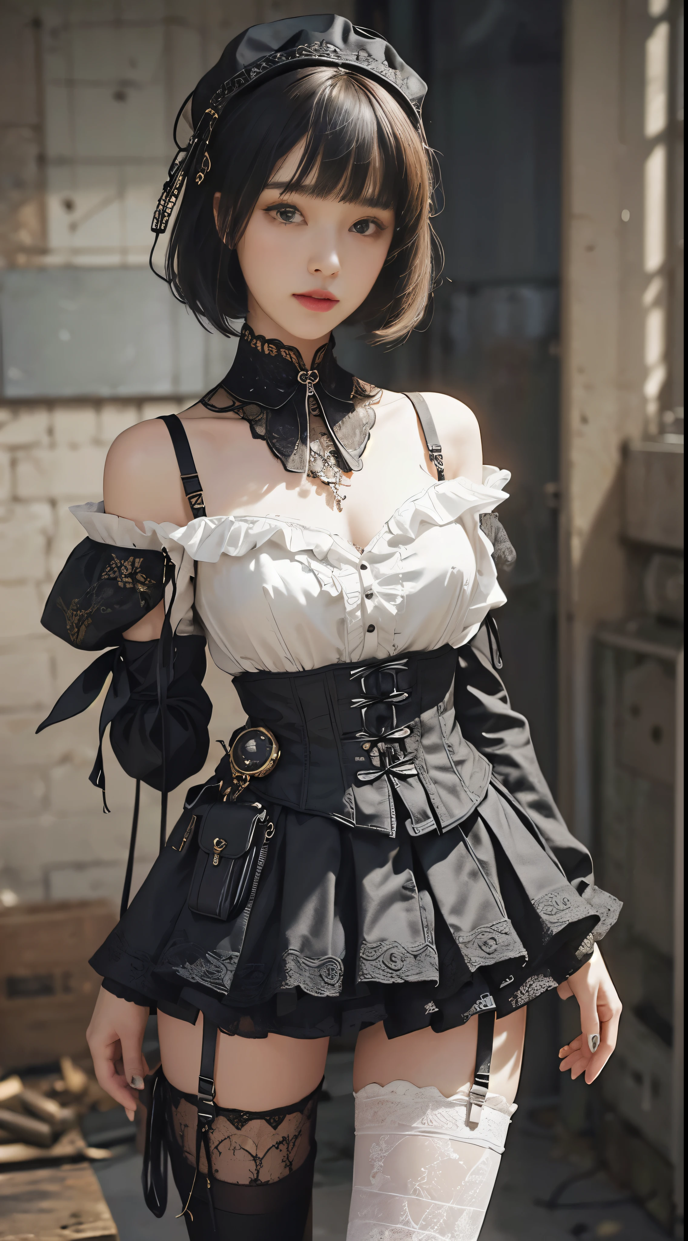 (((masterpiece, highest quality, Super detailed))), 1 female, (((very thin body))) , (((length, thin legs))), (((black short bob, thick fluffy bangs ))), (((highly detailed face))), No cosmetics, small and thin nose, thin mouth with small lips, (((Very sharp focused eyes))), Precise pale gray eyes with large slits, shine like a jewel, length eyelashes, ((Highly decorative intricate mechanical steampunk fashion, Lace Flare Mini Skirt, above the knee lace stockings, Lace Off Shoulder Lolita Fashion, Overly decorative fashion)), Abandoned Night, Complex mechanized steampunk factory catches fire and explodes, (((Overall accuracy has been dramatically improved, creating a Super detailed and realistic image))),  super realistic photos, (((steampunk gun)))