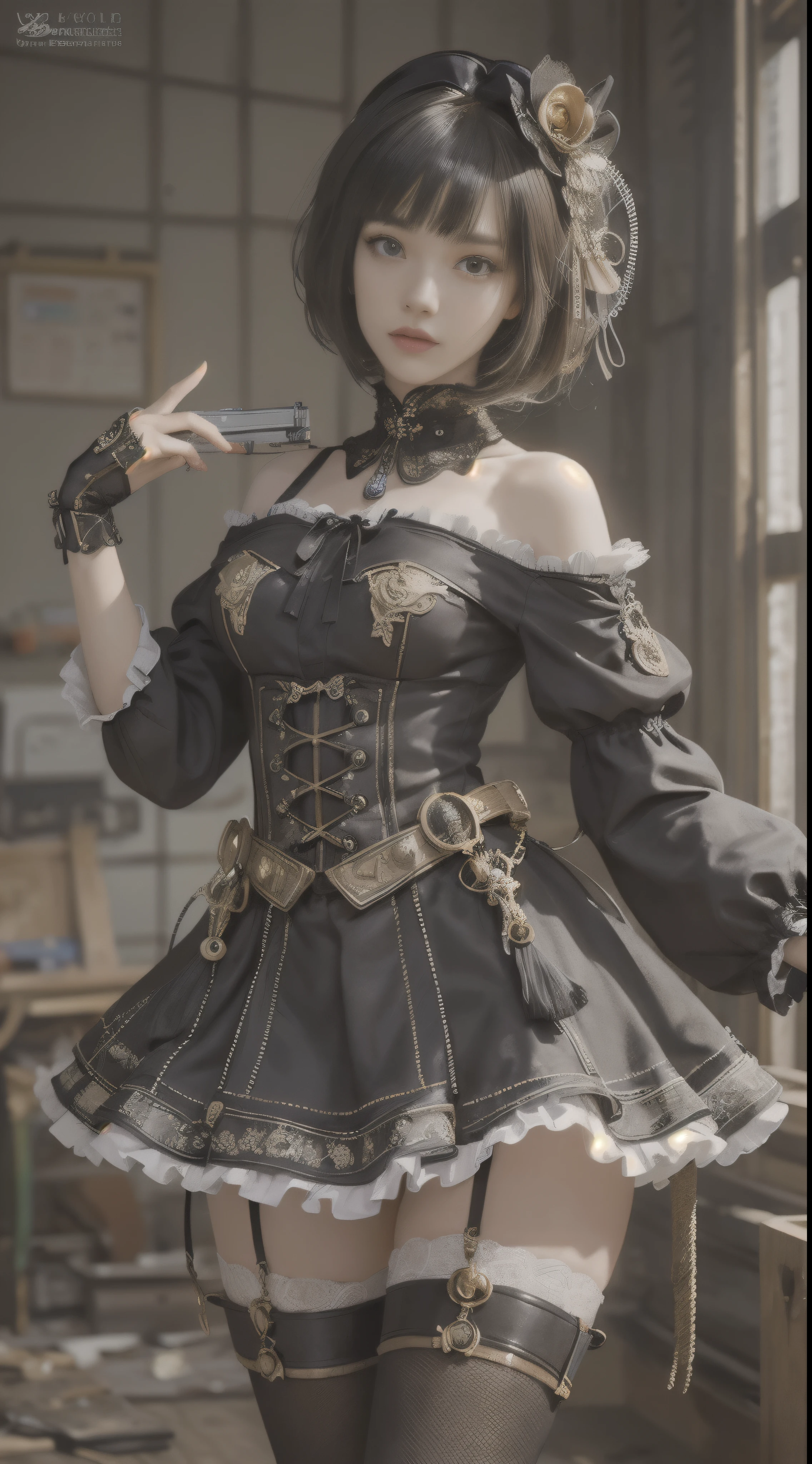 (((masterpiece, highest quality, Super detailed))), 1 female, (((very thin body))) , (((length, thin legs))), (((black short bob, thick fluffy bangs ))), (((highly detailed face))), No cosmetics, small and thin nose, thin mouth with small lips, (((Very sharp focused eyes))), Precise pale gray eyes with large slits, shine like a jewel, length eyelashes, ((Highly decorative intricate mechanical steampunk fashion, Lace Flare Mini Skirt, above the knee lace stockings, Lace Off Shoulder ta Fashion, Overly decorative fashion)), Abandoned Night, Complex mechanized steampunk factory catches fire and explodes, (((Overall accuracy has been dramatically improved, creating a Super detailed and realistic image))), super realistic photos, (((steampunk gun)))