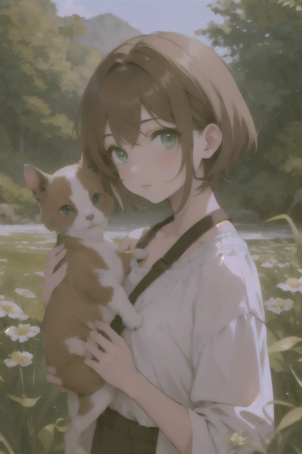 green eyes, girl, brown short hair, Light brown secret two tone, Beautiful woman, Small animals next to the woman, broadcast