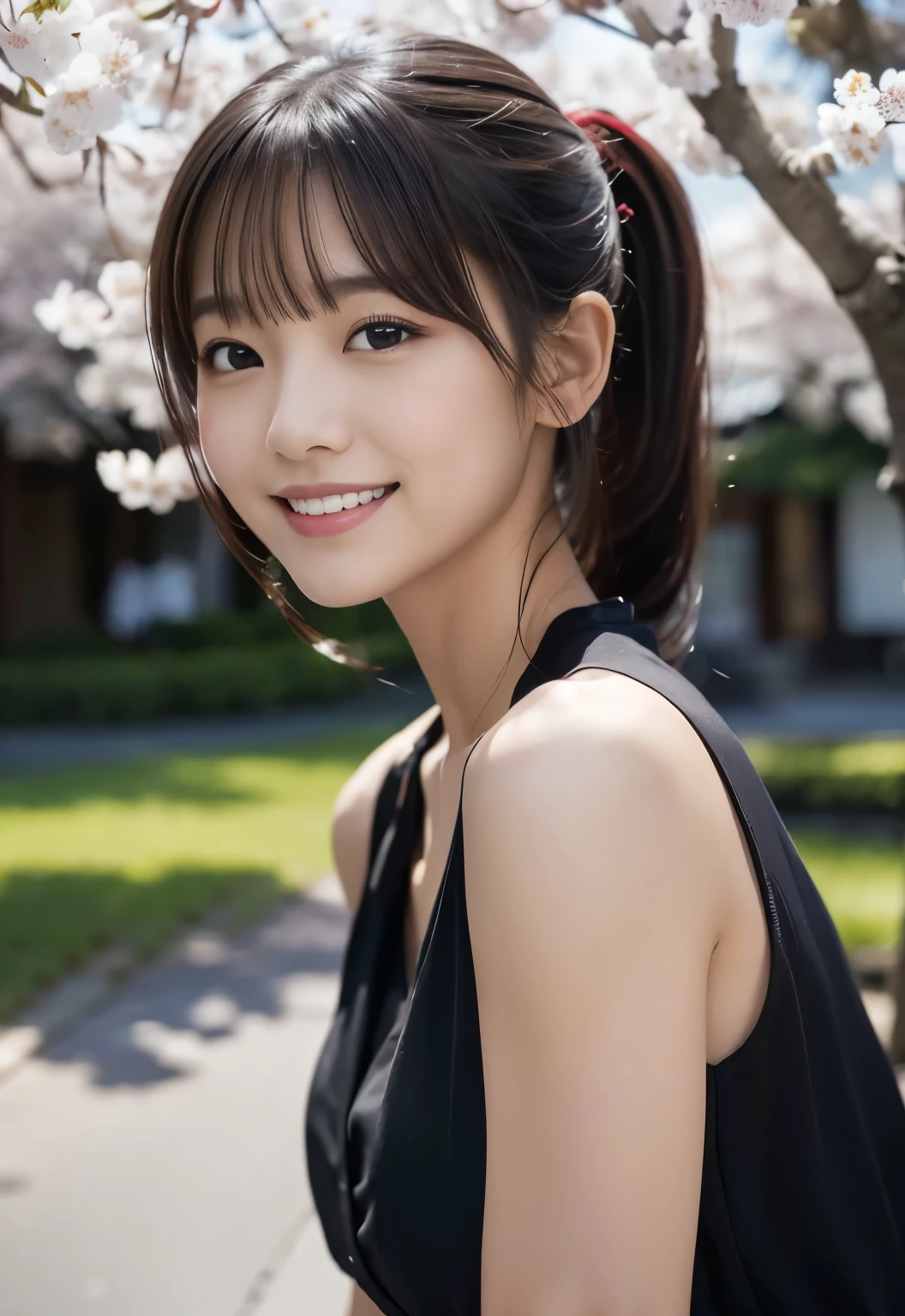 (((cherry blossoms:1.3, outdoor, Photographed from the front))), ((ponytail:1.3,black blouse,Smile,japanese woman,cute)), (clean, natural makeup), (highest quality, masterpiece:1.3, 超High resolution), (Super detailed, caustics), (realistic:1.4, RAW shooting), very detailed, High resolution, 16K resolution