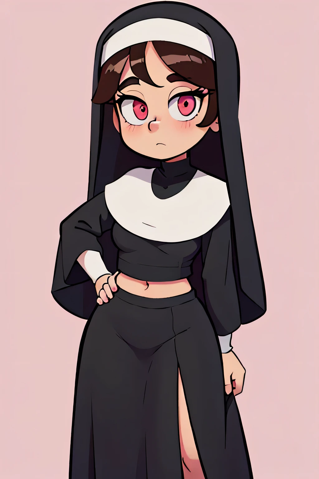 Nun girl big big chest long brown hair and wears short black nun shirt shows navel and underneath a long black nun skirt and wide body and pink eyes lax swollen eyelids