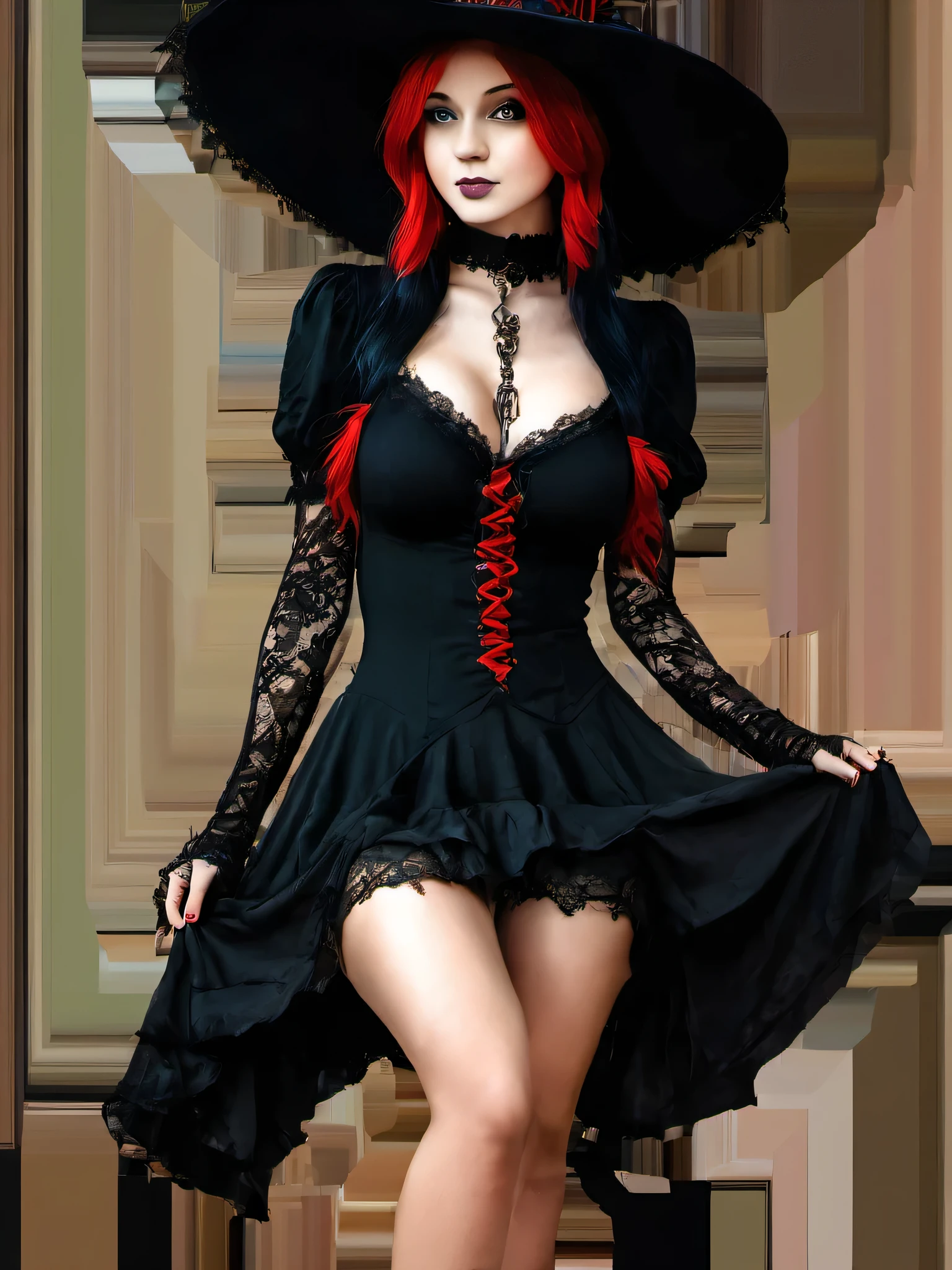 (masterpiece, best quality:1.2), 1girl, solo, Shana in a black dress, short skirt, black lace top, very sexy, hat with a red hat, a photo inspired by Chica Macnab, tumblr, gothic art, gothic outfit, fashionable dark witch, witchcore clothes, gothic!!, goth chic, fantasy outfit, gothic girl, gothic regal, imvu, gothic maiden, in a halloween style, gothic regal and tattered black, gothic dress, short skirt, black lace top, very sexy