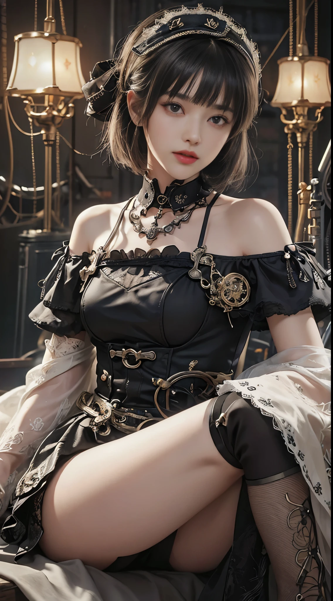 (((masterpiece, highest quality, Super detailed))), 1 female, (((very thin body))) , (((length, thin legs))), (((black short bob, thick fluffy bangs ))), (((highly detailed face))), No cosmetics, small and thin nose, thin mouth with small lips, (((Very sharp focused eyes))), Precise pale gray eyes with large slits, shine like a jewel, length eyelashes, ((Highly decorative intricate mechanical steampunk fashion, Lace Flare Mini Skirt, above the knee lace stockings, Lace Off Shoulder Lolita Fashion, Overly decorative fashion)), Abandoned Night, Complex mechanized steampunk factory catches fire and explodes, (((Overall accuracy has been dramatically improved, creating a Super detailed and realistic image))),  super realistic photos, (((steampunk gun)))