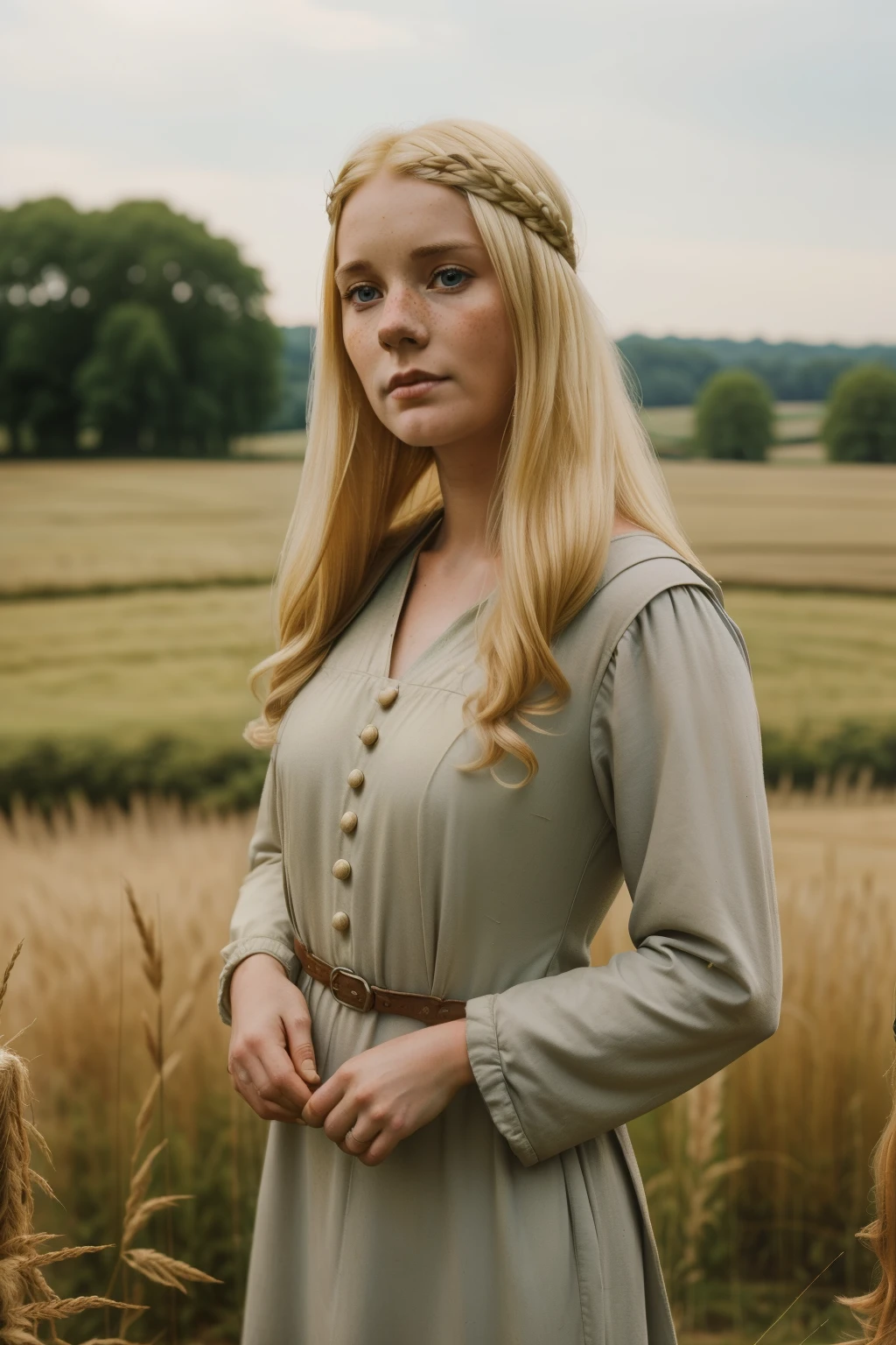 England, 1349. ((full body)). A young ((((30-year-old)) Gwenda)), strong, rustic, freckles all over her face, in a farm field, ((scared and pleading expression)). ((((clothings from the 1340s)))), ((blond hairstyle of the 1340s))