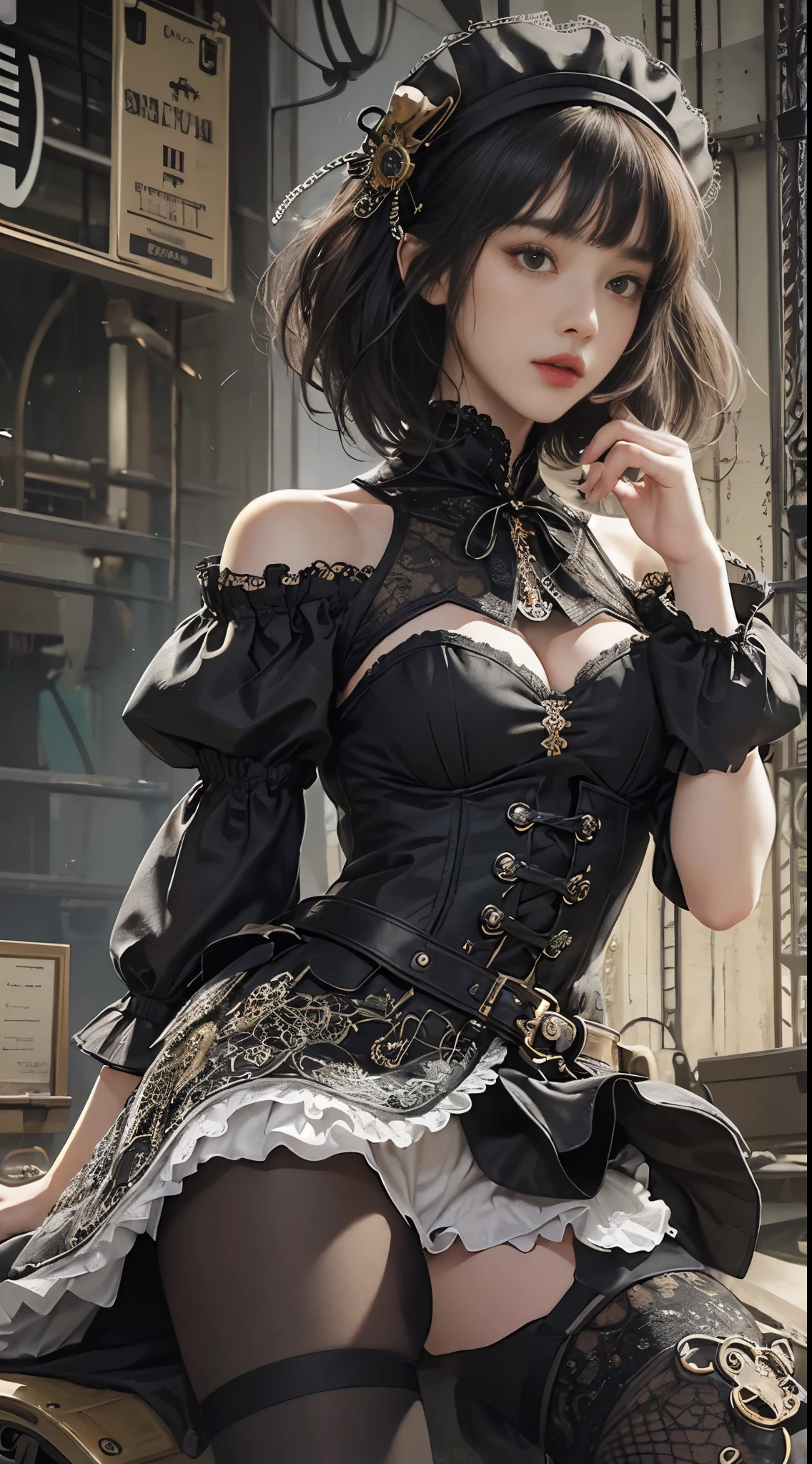 (((masterpiece, highest quality, Super detailed))), 1 female, (((very thin body))) , (((length, thin legs))), (((black short bob, thick fluffy bangs ))), (((highly detailed face))), No cosmetics, small and thin nose, thin mouth with small lips, (((Very sharp focused eyes))), Precise pale gray eyes with large slits, shine like a jewel, length eyelashes, ((Highly decorative intricate mechanical steampunk fashion, Lace Flare Mini Skirt, above the knee lace stockings, Lace Off Shoulder Lolita Fashion, Overly decorative fashion)), Abandoned Night, Complex mechanized steampunk factory catches fire and explodes, (((Overall accuracy has been dramatically improved, creating a Super detailed and realistic image))), super realistic photos, (((steampunk gun)))