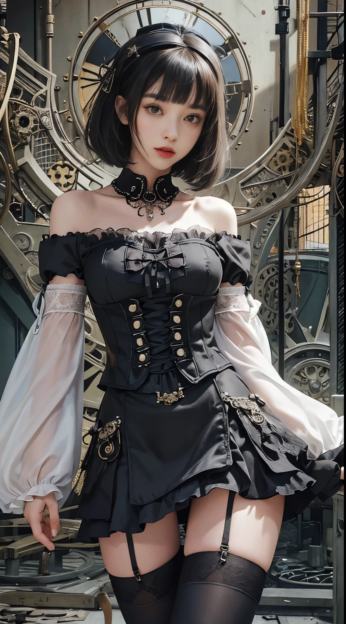 (((masterpiece, highest quality, Super detailed))), 1 female, (((very thin body))) , (((length, thin legs))), (((black short bob, thick fluffy bangs ))), (((highly detailed face))), No cosmetics, small and thin nose, thin mouth with small lips, (((Very sharp focused eyes))), Precise pale gray eyes with large slits, shine like a jewel, length eyelashes, ((Highly decorative intricate mechanical steampunk fashion, Lace Flare Mini Skirt, above the knee lace stockings, Lace Off Shoulder Lolita Fashion, Overly decorative fashion)), Abandoned Night, Complex mechanized steampunk factory catches fire and explodes, (((Overall accuracy has been dramatically improved, creating a Super detailed and realistic image))), super realistic photos, (((steampunk gun)))