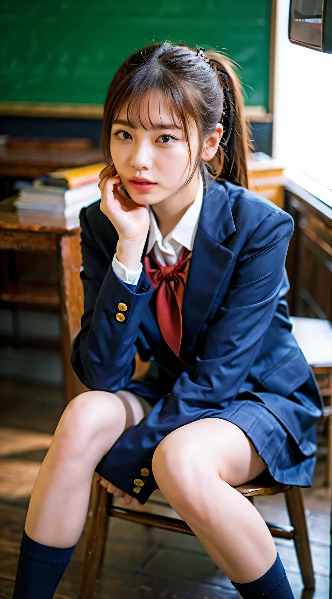 (8K、Raw photo、highest quality、masterpiece:1.2)、(realistic、Photoreal)、1 girl、((check mini skirt、loafer uniform、navy blue socks、blazer、big breasts、classroom、ponytail、Seen from the front、stand with legs apart、))、lots of eyelashes、Glitter on your eyelids、skeletally correct