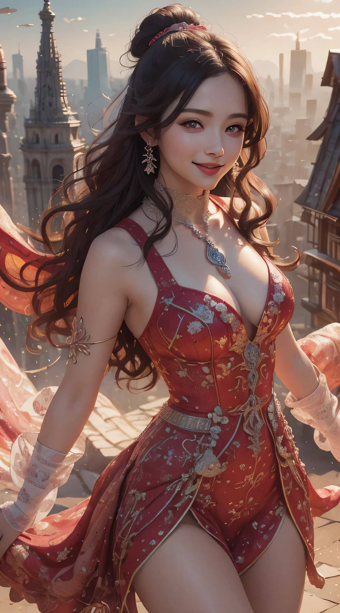 masutepiece, Best Quality, Illustration, Ultra-detailed, finely detail, hight resolution, 8K Wallpaper, Perfect dynamic composition, Beautiful detailed eyes, doress,Medium Hair, mid-chest, Natural Color Lip, Random and sexy poses,Smile,Tower Mansion