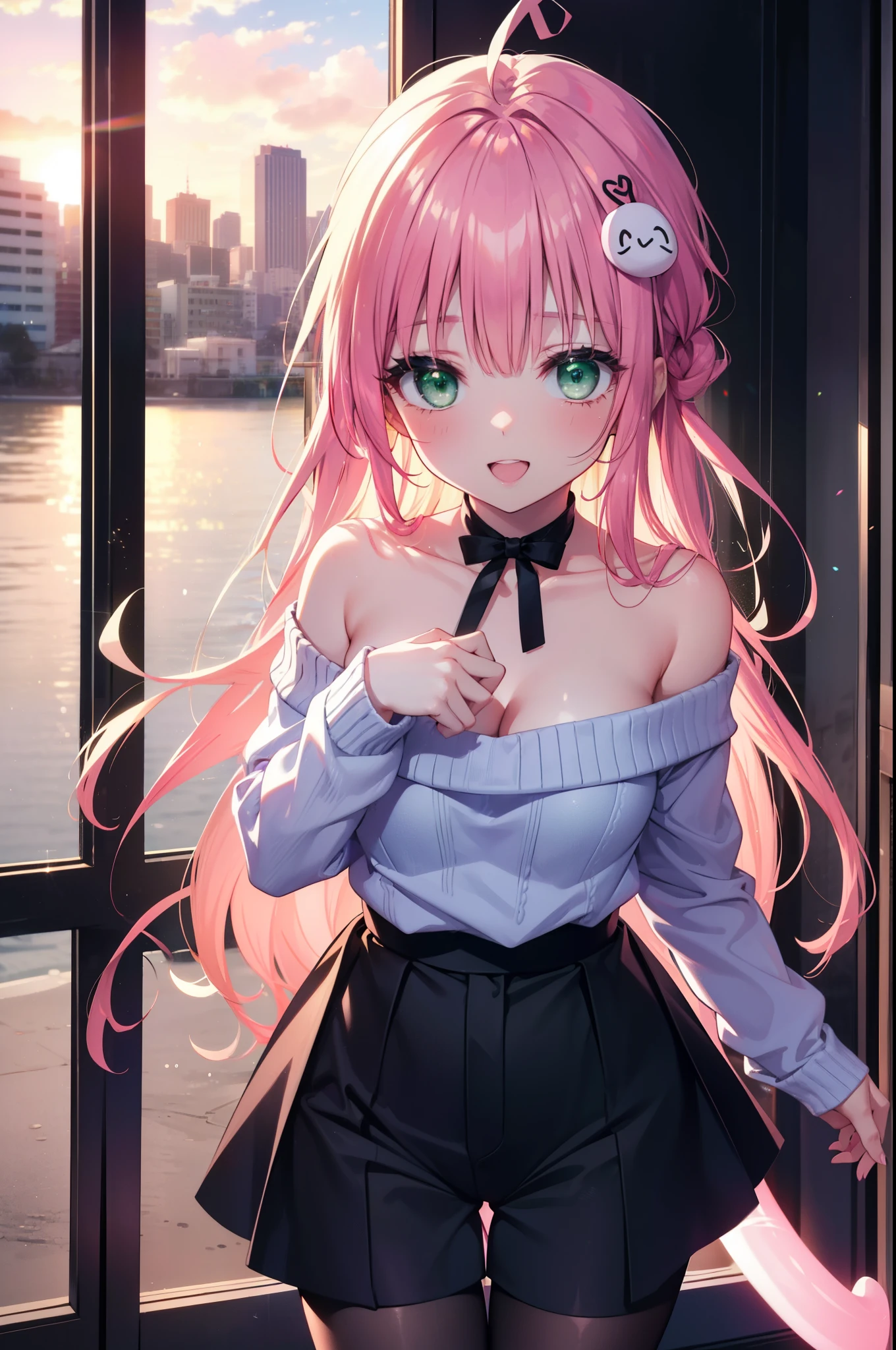 Lara Deviluke, Lara Deviluke, long hair, pink hair, tail, Ahoge, bangs, hair ornaments, (green eyes:1.5), happy smile, smile, open your mouth,demon tail,off shoulder sweater,bare shoulders,bare clavicle,naked neck,shorts,black pantyhose,short boots,evening,sunset,whole bodyがイラストに入るように,
break outdoors, In town,ビル街
break looking at viewer, whole body,Upper body, (cowboy shot:1. 5)
break (masterpiece:1.2), highest quality, High resolution, unity 8k w全てpaper, (shape:0.8), (beautiful detailed eyes:1.6), extremely detailed face, perfect lighting, extremely detailed CG, (perfect hands, perfect anatomy),