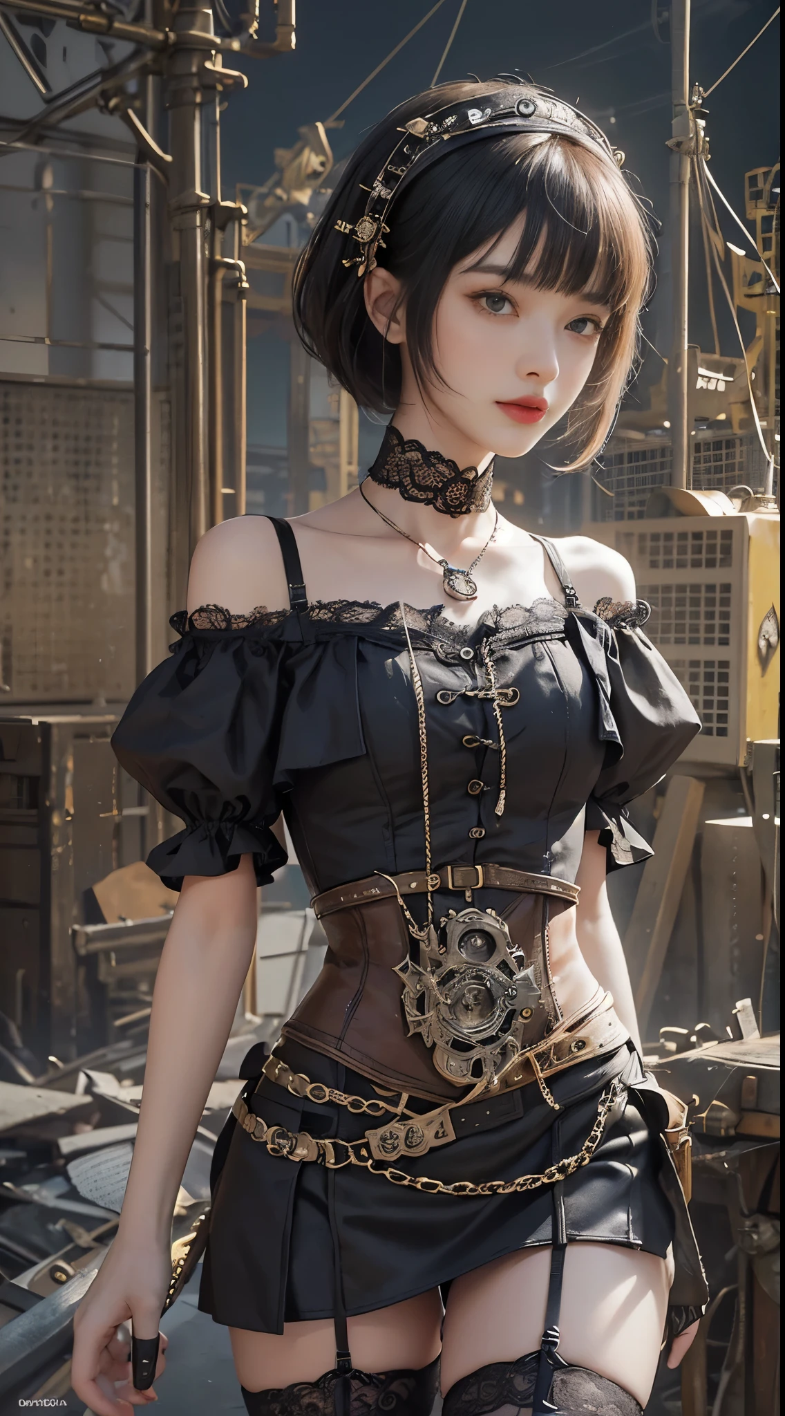 (((masterpiece, highest quality, Super detailed))), 1 female, (((very thin body))) , (((length, thin legs))), (((black short bob, thick fluffy bangs ))), (((highly detailed face))), No cosmetics, small and thin nose, thin mouth with small lips, (((Very sharp focused eyes))), Precise pale gray eyes with large slits, shine like a jewel, length eyelashes, ((Highly decorative intricate mechanical steampunk fashion, Lace Flare Mini Skirt, above the knee lace stockings, Lace Off Shoulder ta Fashion, Overly decorative fashion)), Abandoned Night, Complex mechanized steampunk factory catches fire and explodes, (((Overall accuracy has been dramatically improved, creating a Super detailed and realistic image))), super realistic photos, (((steampunk gun)))