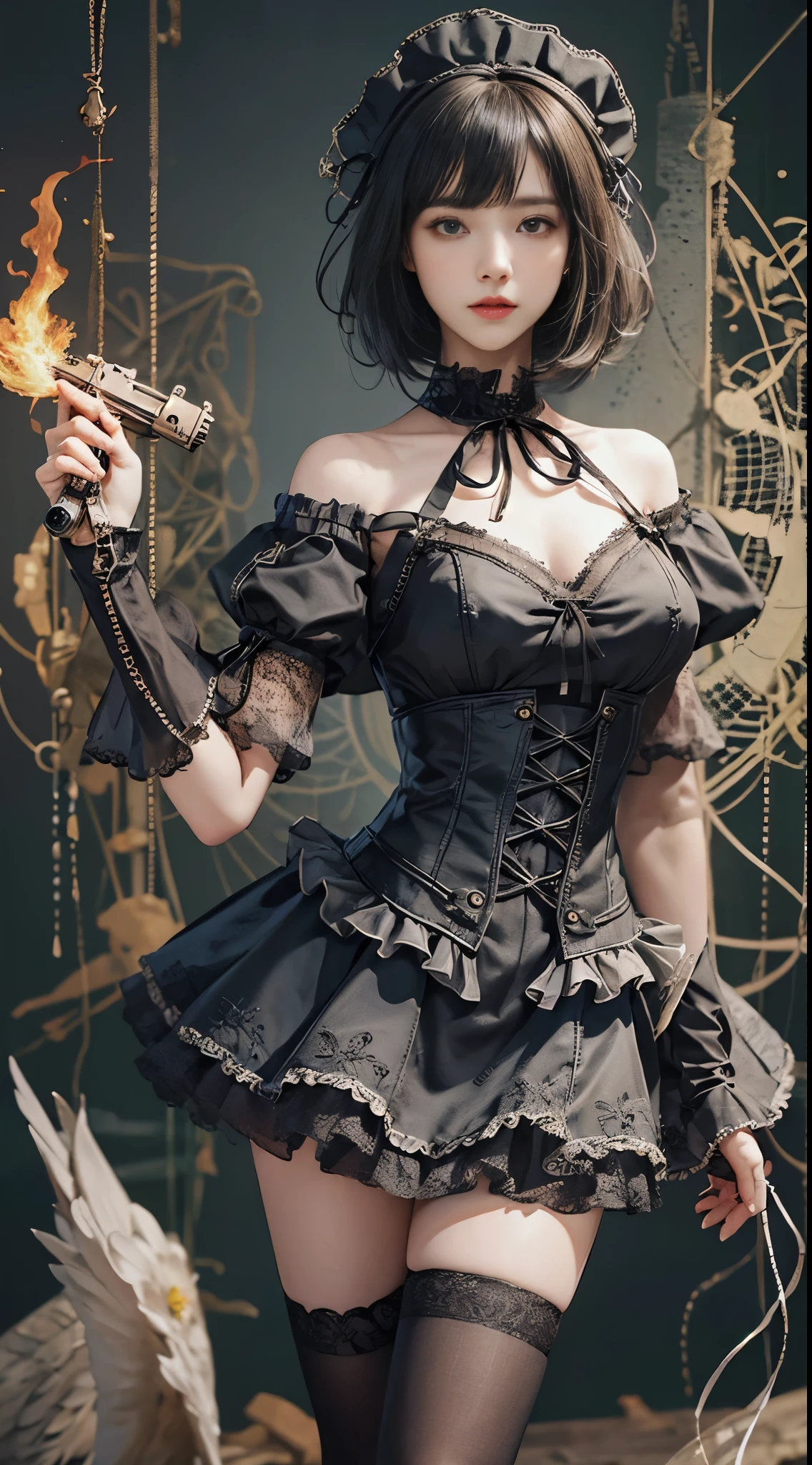 (((masterpiece, highest quality, Super detailed))), 1 female, (((very thin body))) , (((length, thin legs))), (((black short bob, thick fluffy bangs ))), (((highly detailed face))), No cosmetics, small and thin nose, thin mouth with small lips, (((Very sharp focused eyes))), Precise pale gray eyes with large slits, shine like a jewel, length eyelashes, ((Highly decorative intricate mechanical steampunk fashion, Lace Flare Mini Skirt, above the knee lace stockings, Lace Off Shoulder Lolita Fashion, Overly decorative fashion)), Abandoned Night, Complex mechanized steampunk factory catches fire and explodes, (((Overall accuracy has been dramatically improved, creating a Super detailed and realistic image))),  super realistic photos, (((steampunk gun)))