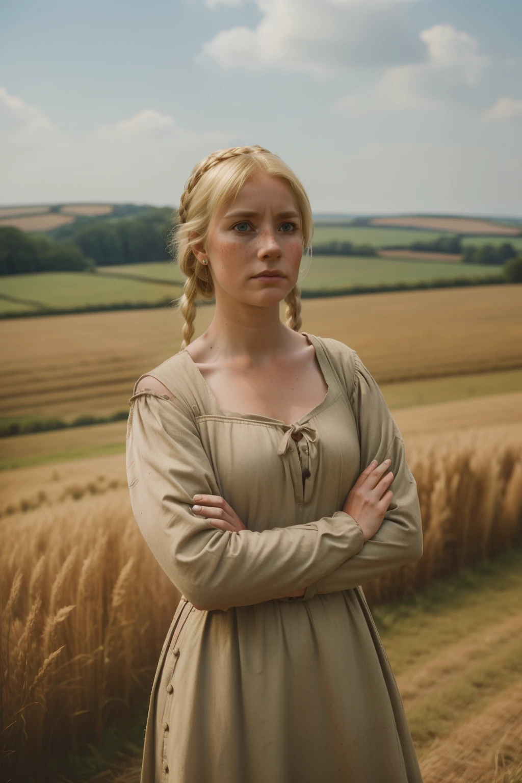 England, 1349. ((full body)). A young ((((30-year-old)) Gwenda)), strong, rustic, freckles all over her face, in a farm field, ((((scared and pleading expression)))). ((((clothings from the 1340s)))), ((blond hairstyle of the 1340s))