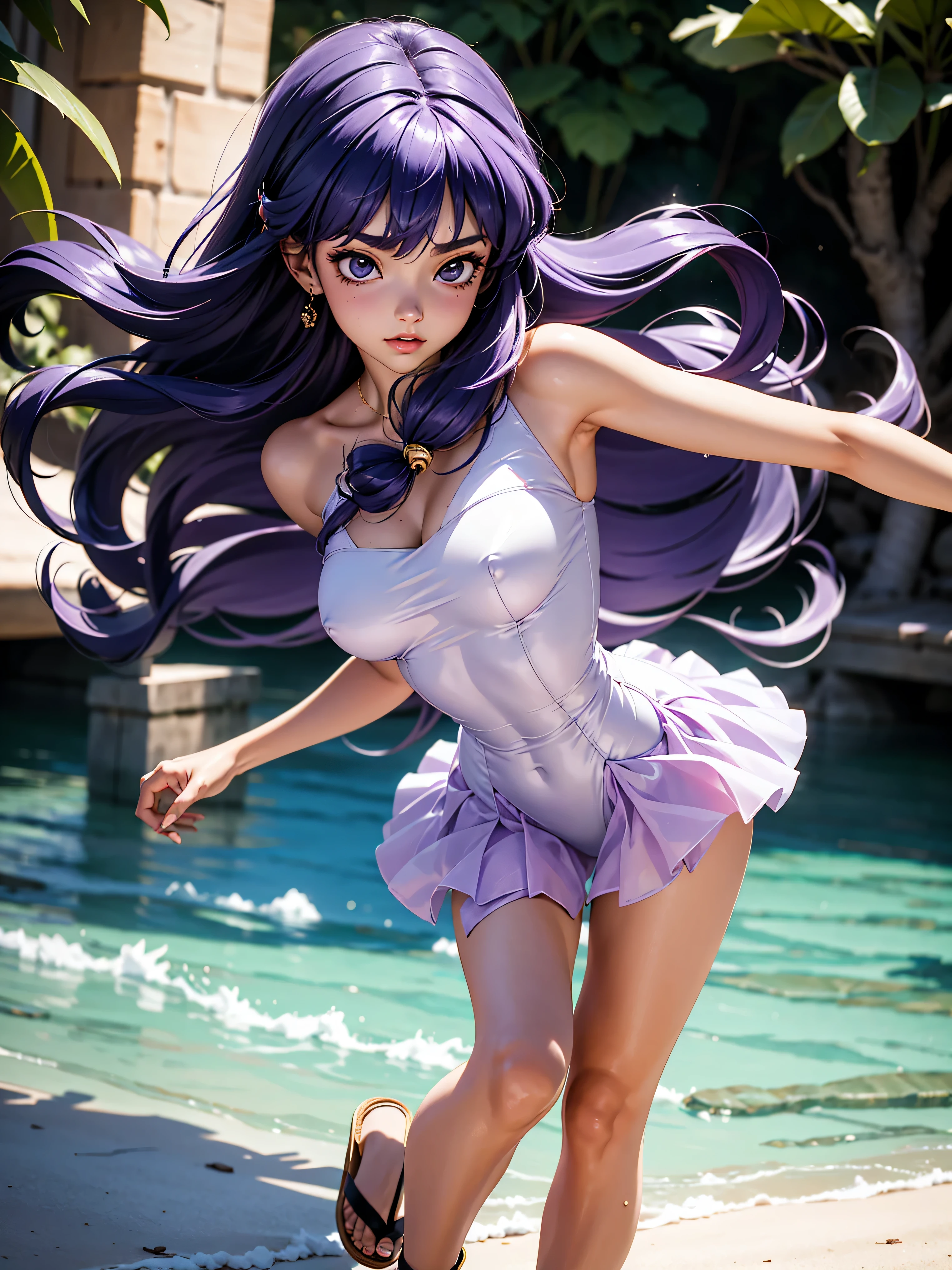 Garota anime de cabelo purple com saia vestido longo purple meio transparente e espartilho, , corpo bonito, seios grandes, com hand in panties , hand in purple hair, Garota sexy, purple hair, mechas de cabelo laterais, mechas de cabelo na lateral do rosto, beautiful lighting, sombras suaves, olhos azuis, pernas bonitas, cabelo longo roxo, estilo anime, personagem Shampoo Chan, Autora Rumiko Takahashi, Baseado em obra de Rumiko Takahashi, Anime Ranma 1/ 2, decote sexy, quadril robusto, corpo inteiro, corpo inteiro, busto grande, garota jovem com corpo belo e bonito, sandals on his feet, garota 16 anos usando saia e corset pink e purple meio transparente, garota anime, estilo anime, beautiful feet in sandals, 45° viewing angle, ao ar livre, peito grande, seios bonitos, cabelo purple, sandals on the feet, pernas bonitas, sexy, belas pernas, Sandalias, seios grandes, corpo completo, corpo inteiro, feet with sandals, anime realista, saia, sarja roxa, personagem realista sexy, straight standing posture, ao ar livre, calcinha pink, hand in panties, saia vestido com 50% de opacidade meio translucida