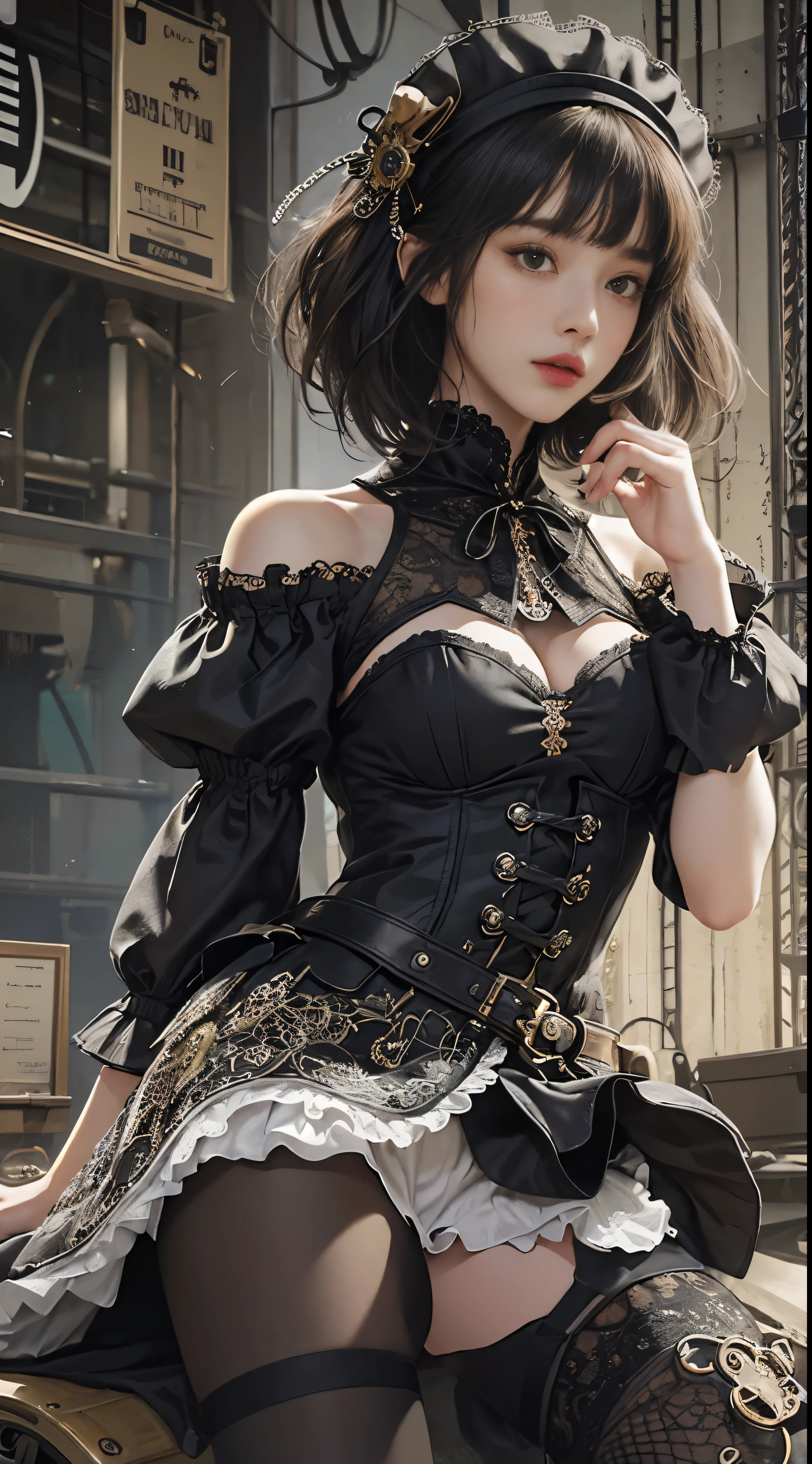 (((masterpiece, highest quality, Super detailed))), 1 female, (((very thin body))) , (((length, thin legs))), (((black short bob, thick fluffy bangs ))), (((highly detailed face))), No cosmetics, small and thin nose, thin mouth with small lips, (((Very sharp focused eyes))), Precise pale gray eyes with large slits, shine like a jewel, length eyelashes, ((Highly decorative intricate mechanical steampunk fashion, Lace Flare Mini Skirt, above the knee lace stockings, Lace Off Shoulder ta Fashion, Overly decorative fashion)), Abandoned Night, Complex mechanized steampunk factory catches fire and explodes, (((Overall accuracy has been dramatically improved, creating a Super detailed and realistic image))), super realistic photos, (((steampunk gun)))