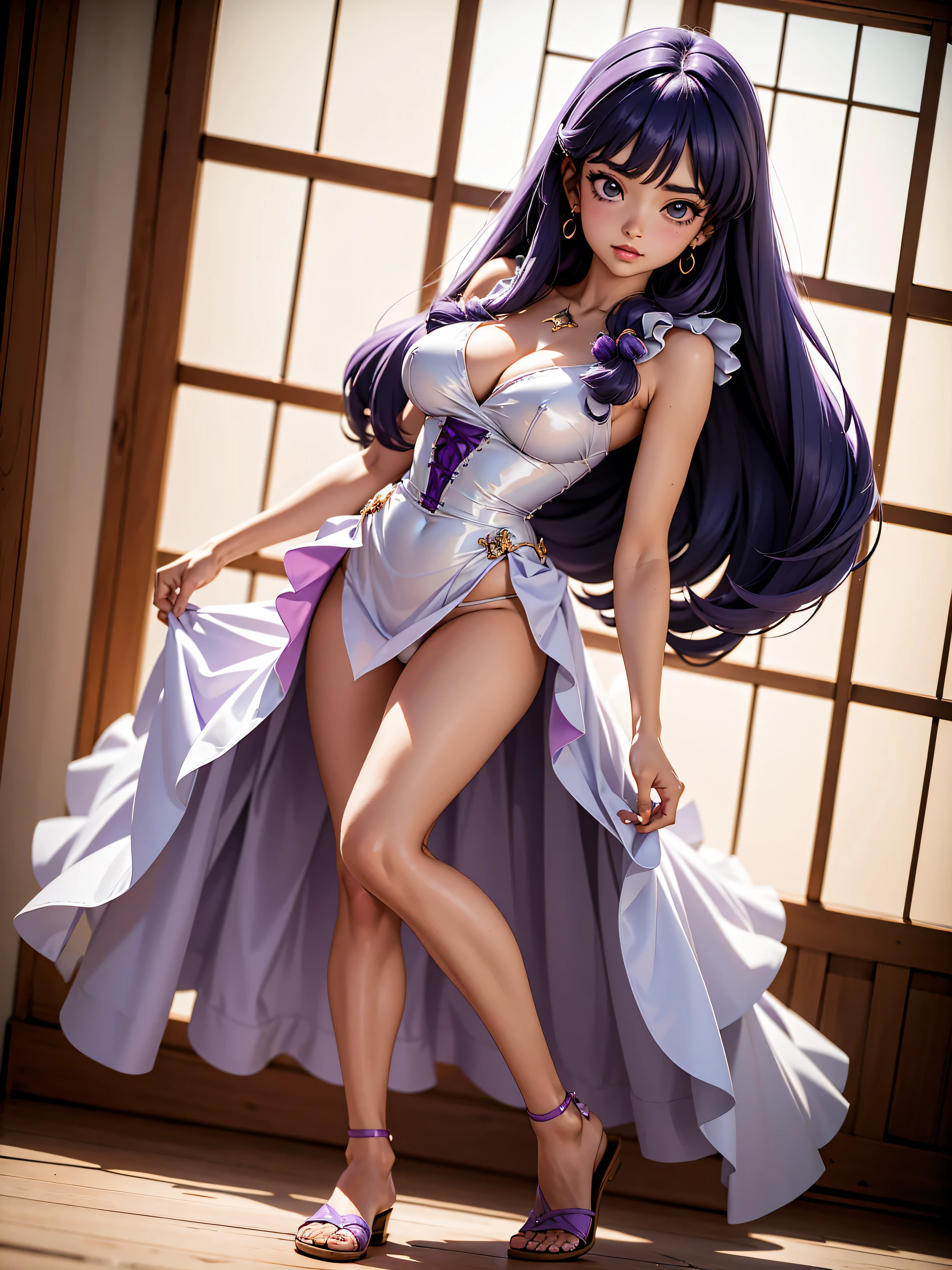 Garota anime de cabelo purple com saia vestido longo purple meio transparente e espartilho, , corpo bonito, seios grandes, com hand in panties , hand in purple hair, Garota sexy, purple hair, mechas de cabelo laterais, mechas de cabelo na lateral do rosto, beautiful lighting, sombras suaves, olhos azuis, pernas bonitas, cabelo longo roxo, estilo anime, personagem Shampoo Chan, Autora Rumiko Takahashi, Baseado em obra de Rumiko Takahashi, Anime Ranma 1/ 2, decote sexy, quadril robusto, corpo inteiro, corpo inteiro, busto grande, garota jovem com corpo belo e bonito, sandals on his feet, garota 16 anos usando saia e corset pink e purple meio transparente, garota anime, estilo anime, beautiful feet in sandals, 45° viewing angle, ao ar livre, peito grande, seios bonitos, cabelo purple, sandals on the feet, pernas bonitas, sexy, belas pernas, Sandalias, seios grandes, corpo completo, corpo inteiro, feet with sandals, anime realista, saia, sarja roxa, personagem realista sexy, straight standing posture, ao ar livre, calcinha pink, hand in panties, saia vestido com 50% de opacidade meio translucida