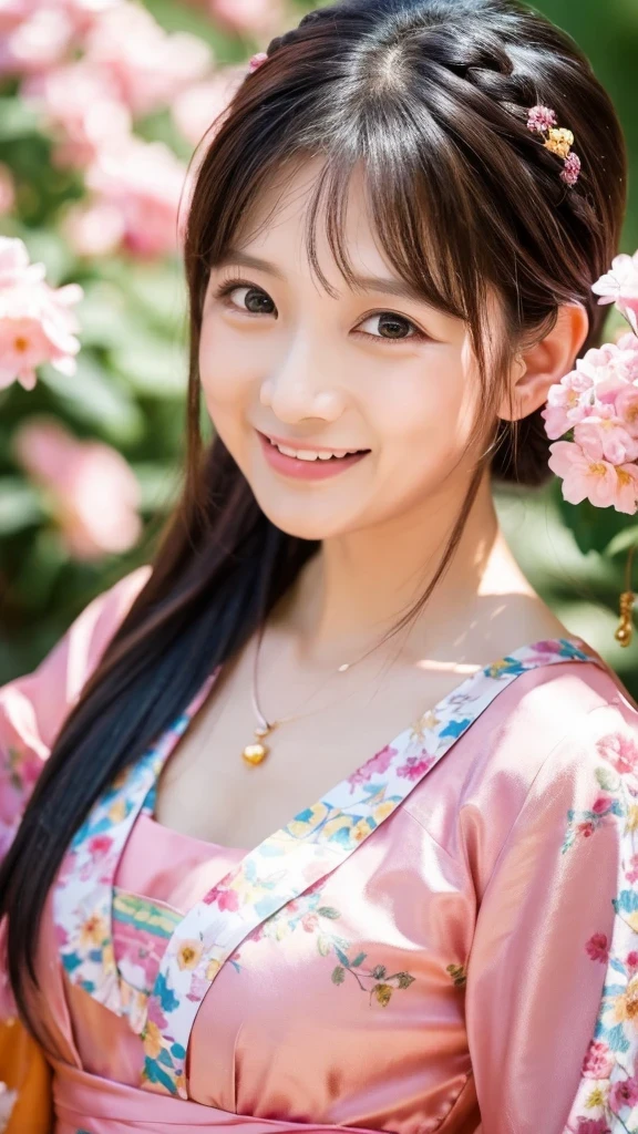 A close up of a woman in a pink dress with flowers in her hair - SeaArt AI