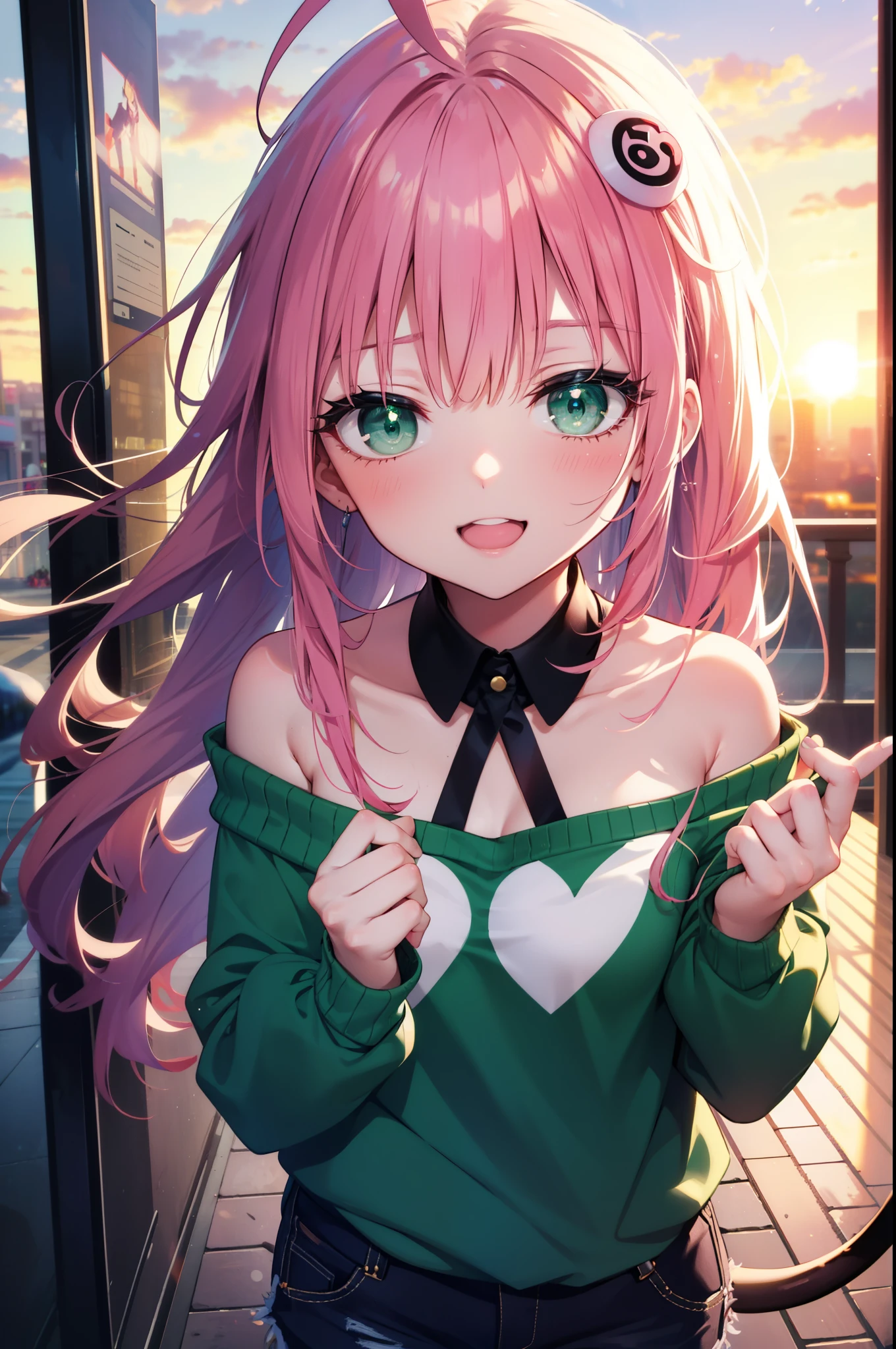 Lara Deviluke, Lara Deviluke, long hair, pink hair, tail, Ahoge, bangs, hair ornaments, (green eyes:1.5), happy smile, smile, open your mouth,demon tail,off shoulder sweater,bare shoulders,bare clavicle,naked neck,shorts,black pantyhose,short boots,evening,sunset,whole bodyがイラストに入るように,
break outdoors, In town,ビル街
break looking at viewer, whole body,Upper body, (cowboy shot:1. 5)
break (masterpiece:1.2), highest quality, High resolution, unity 8k w全てpaper, (shape:0.8), (beautiful detailed eyes:1.6), extremely detailed face, perfect lighting, extremely detailed CG, (perfect hands, perfect anatomy),