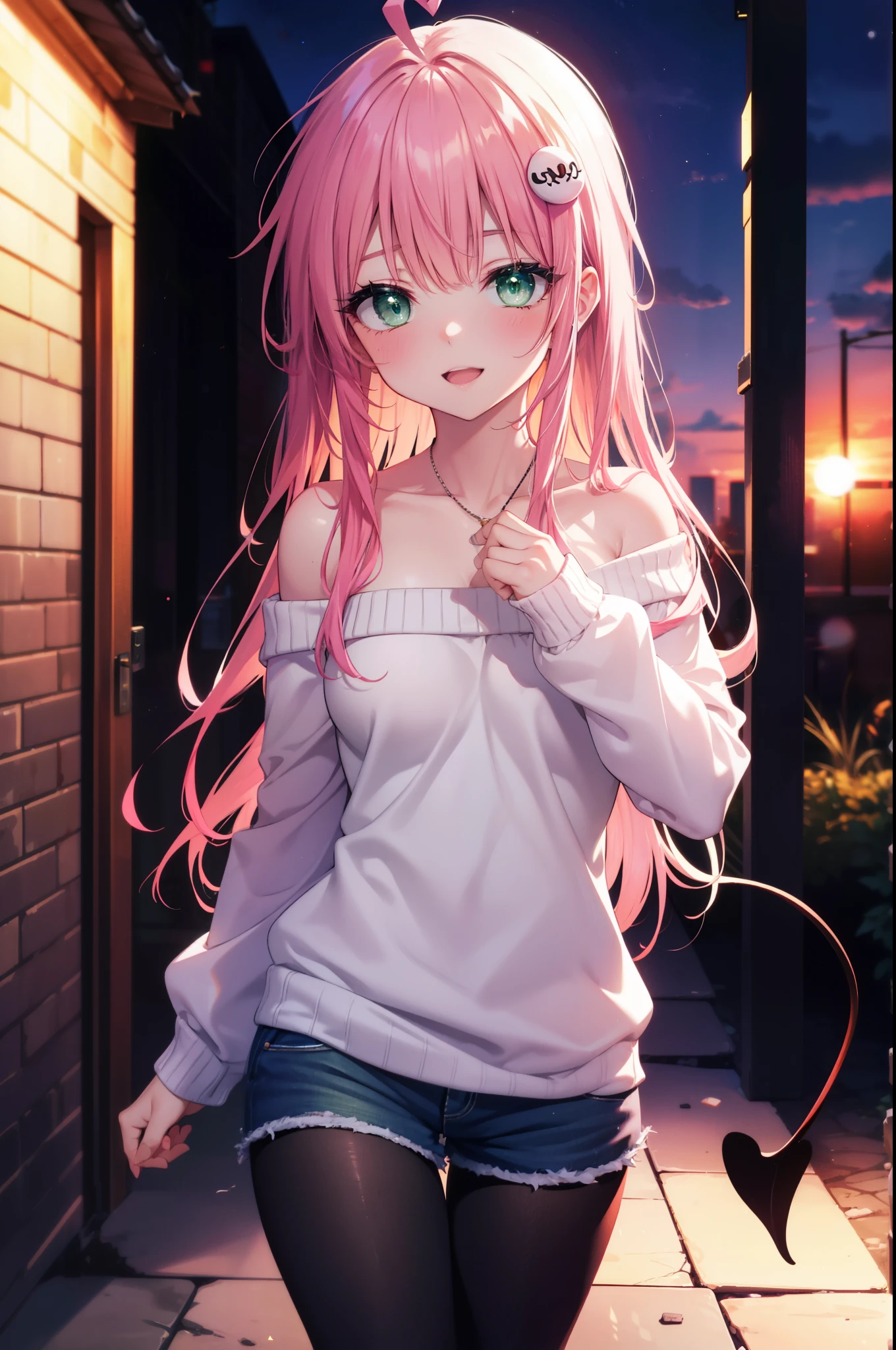 Lara Deviluke, Lara Deviluke, long hair, pink hair, tail, Ahoge, bangs, hair ornaments, (green eyes:1.5), happy smile, smile, open your mouth,demon tail,off shoulder sweater,bare shoulders,bare clavicle,naked neck,shorts,black pantyhose,short boots,evening,sunset,whole bodyがイラストに入るように,
break outdoors, In town,ビル街
break looking at viewer, whole body,Upper body, (cowboy shot:1. 5)
break (masterpiece:1.2), highest quality, High resolution, unity 8k w全てpaper, (shape:0.8), (beautiful detailed eyes:1.6), extremely detailed face, perfect lighting, extremely detailed CG, (perfect hands, perfect anatomy),