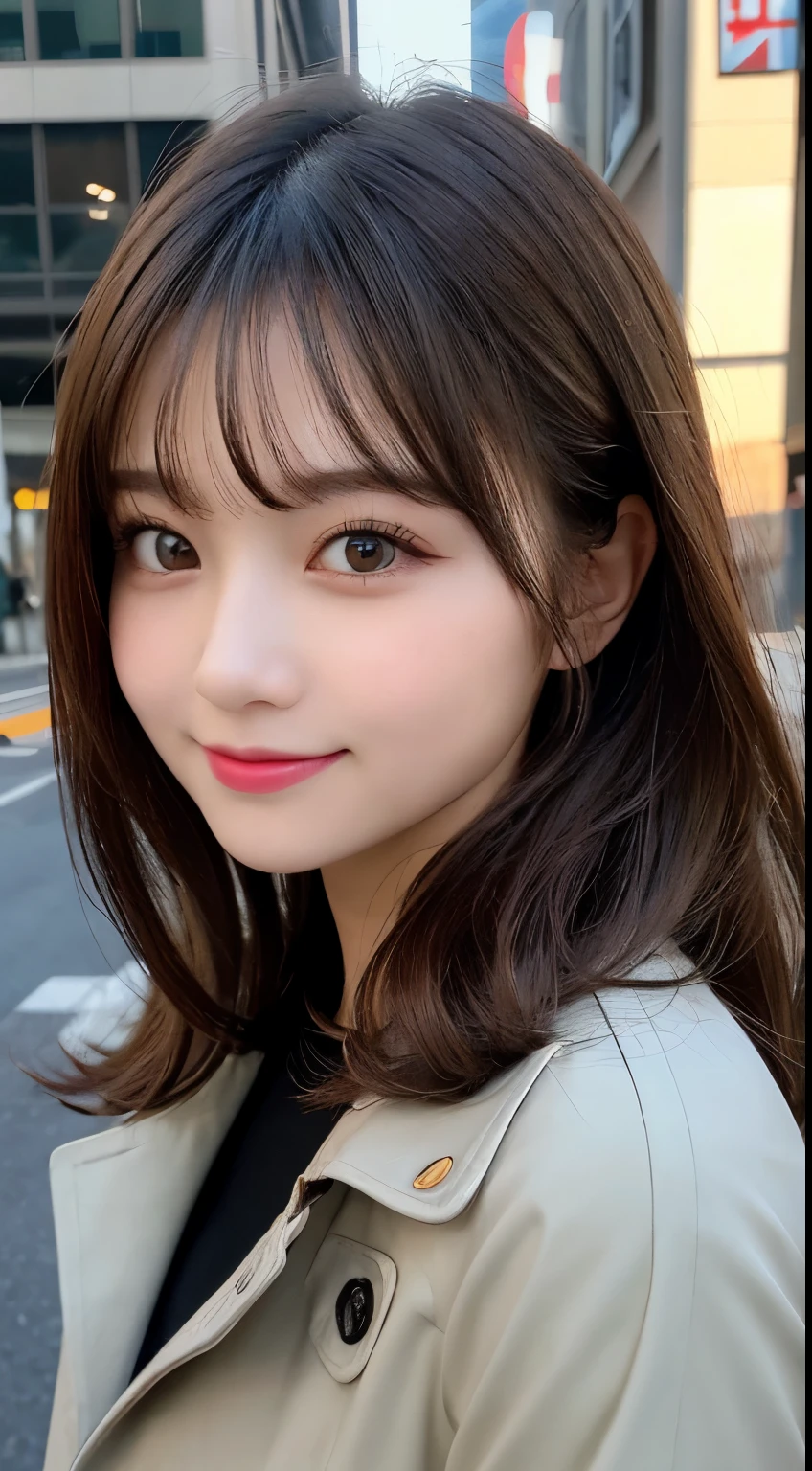 table top, highest quality, shape, Super detailed, finely, High resolution, 8k wallpaper, 完璧なダイナミックな構shape, beautiful and detailed eyes, Gorgeous black fluffy Tokyo winter clothes,ランダムなcute髪,,natural color lip, bold sexy pose,smile、20 year old girl、cute、sexy shot looking at camera,Always blur the background,perfect and beautiful face,Take only the face,Beautiful and dense face、slim face and style,Big eyes、Do gal makeup,small face,wear a spring trench coat、Shoot from below、sunset、Smile