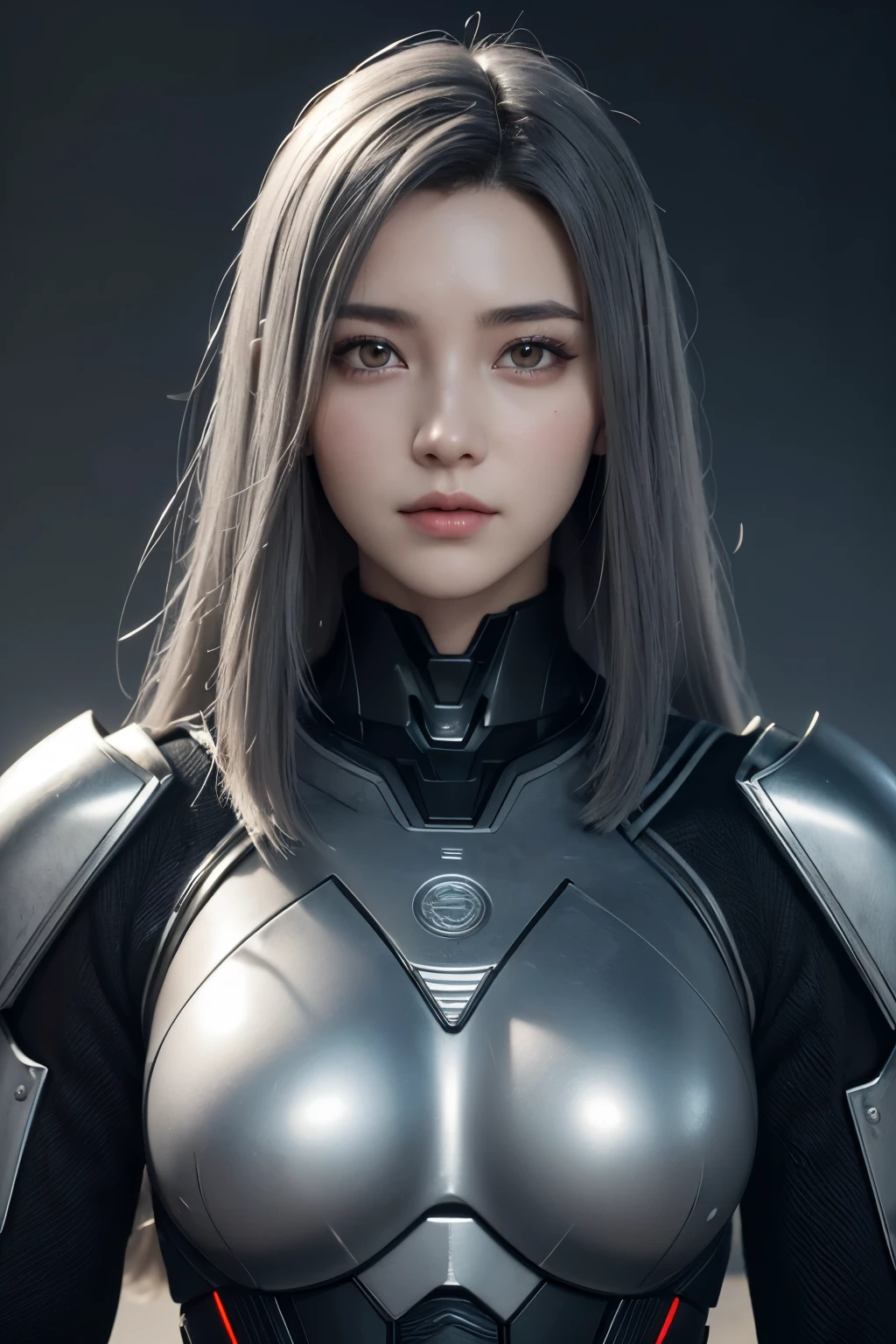 Masterpiece,Game art,The best picture quality,Highest resolution,8K,(Portrait),Unreal Engine 5 rendering works,(Digital Photography),((Portrait Feature:1.5)),
20 year old girl,Short hair details,With long bangs,(The red eye makeup is very meticulous),(With long gray hair:1.4),(Large, full breasts),Elegant and noble,Brave and charming,
(Future armor combined with the characteristics of ancient Chinese armor,Hollow design,Power Armor,The mysterious Eastern runes,A delicate dress pattern,A flash of magic),Warrior of the future,Cyberpunk figures,Background of war,
Movie lights,Ray tracing,Game CG,((3D Unreal Engine)),OC rendering reflection pattern