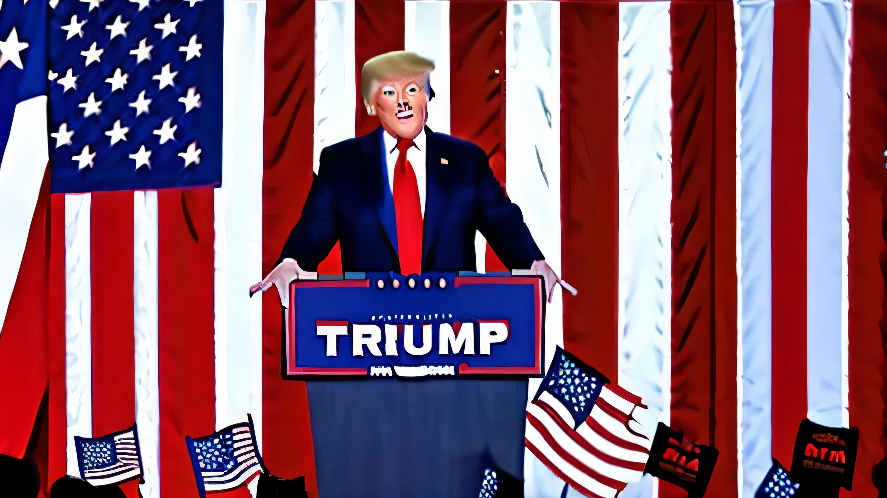 Donald Trump standing at podium at one of his political rallies, american flags in bacground