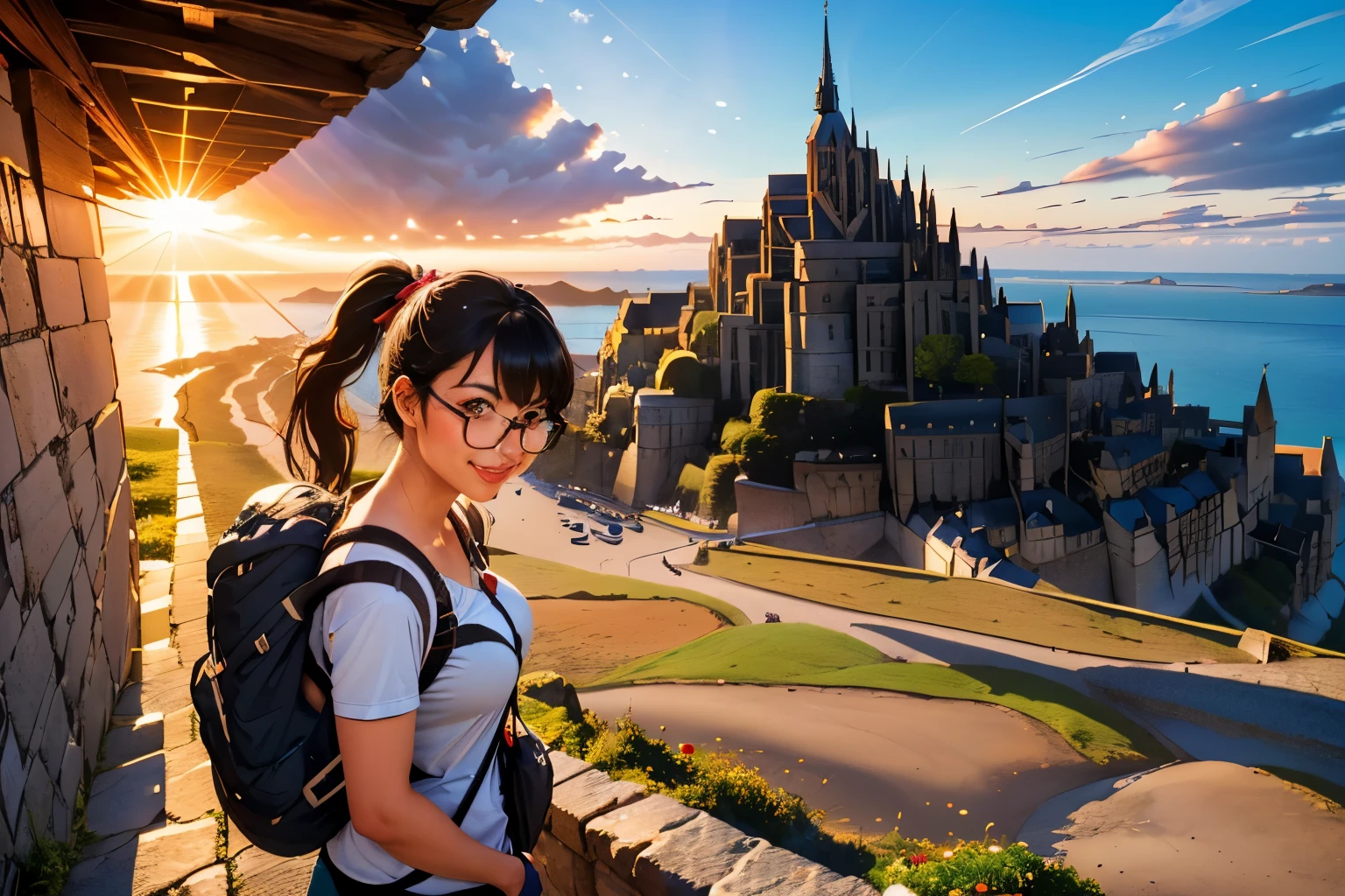 ((wide angle shot)) beautiful female tourist, black hair, ponytail, bangs, wearing large glasses, smirk, ((wearing a Backpacker style outfit)), morning light, Mont Saint-Michel, Normandy