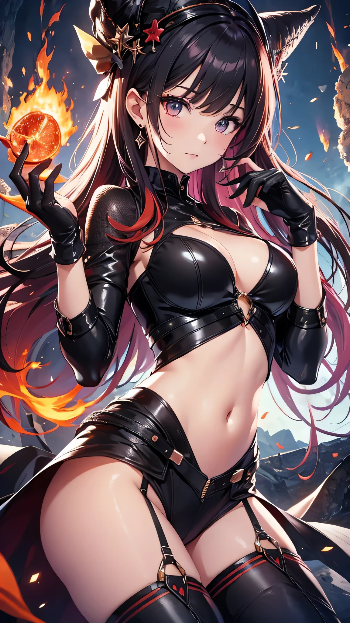最high quality、best image quality、masterpiece、girl((20-year-old、 By becoming、vest bust、medium bust,wide open breast tea、shining eyes, glowing red hair、long hair、thin,highest valley、black and red suit、Wristband、black gloves、hero pose、inflammation from hands)),high quality、beautiful art、background((inflammation、volcano、magma、eruption、meteorite))、Flight、debris flies、Depth of written boundary、movie、visual art、perfect art、8K,genuine、