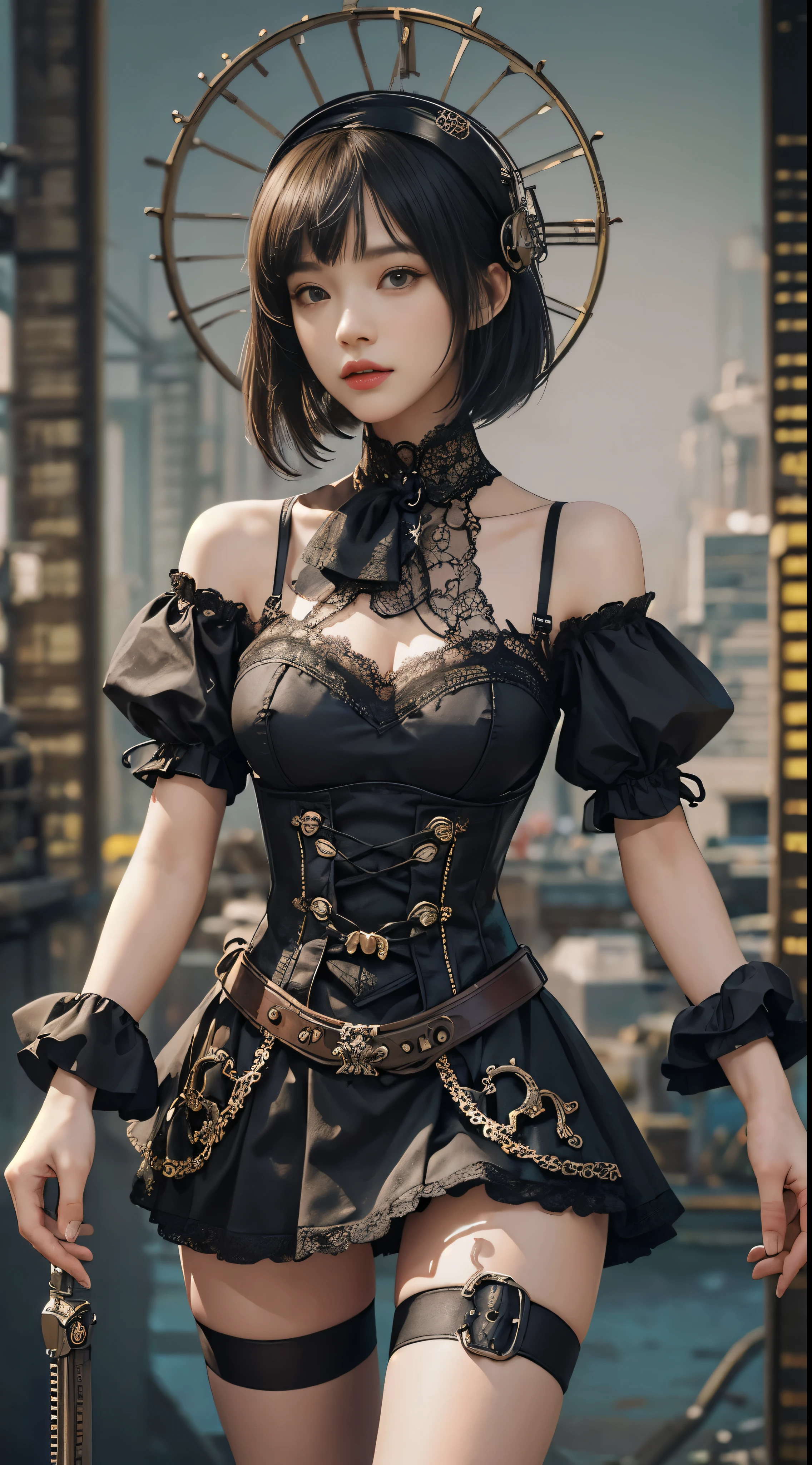 (((masterpiece, highest quality, Super detailed))), 1 female, (((very thin body))) , (((length, thin legs))), (((black short bob, thick fluffy bangs ))), (((highly detailed face))), No cosmetics, small and thin nose, thin mouth with small lips, (((Very sharp focused eyes))), Precise pale gray eyes with large slits, shine like a jewel, length eyelashes, ((Highly decorative intricate mechanical steampunk fashion, Lace Flare Mini Skirt, above the knee lace stockings, Lace Off Shoulder Lolita Fashion, Overly decorative fashion)), Abandoned Night, Complex mechanized steampunk factory catches fire and explodes, (((Overall accuracy has been dramatically improved, creating a Super detailed and realistic image))), super realistic photos, (((steampunk gun)))