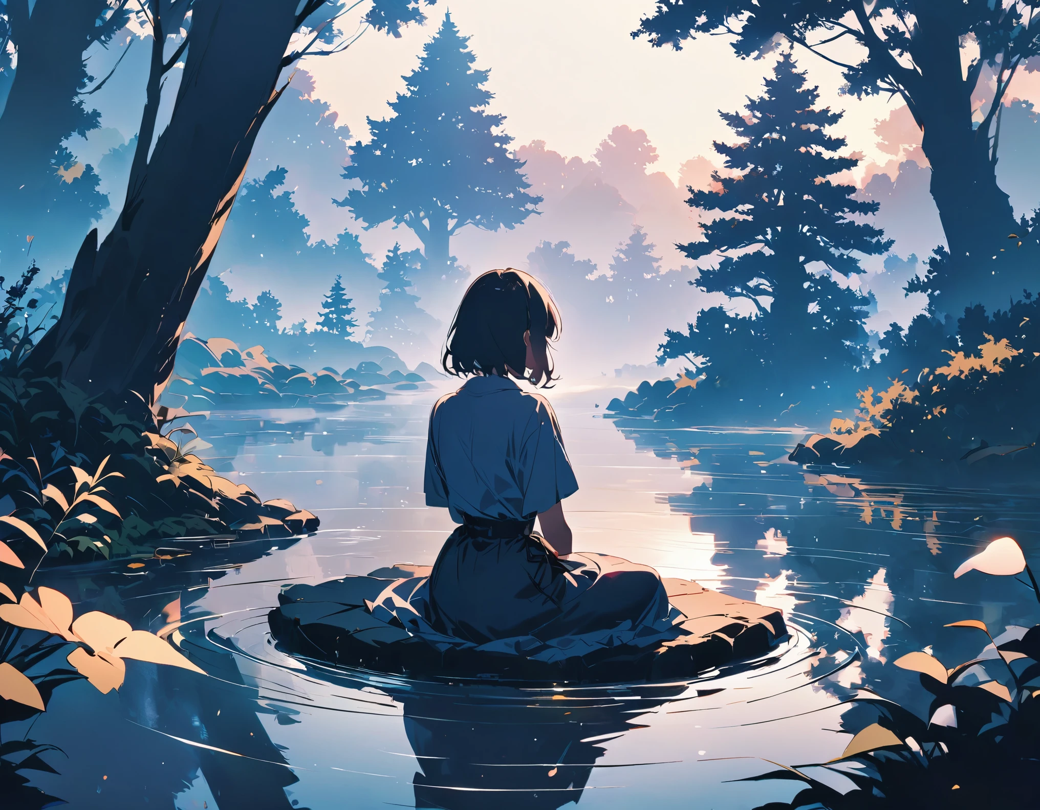 "((peaceful)) Scenes, girl kneeling and meditating, ((ripples in the pond)), ((Marshmallow Cloud)), ((Silhouette of a gnarled tree)), Professional photography, ((rule of thirds)), High resolution, best quality