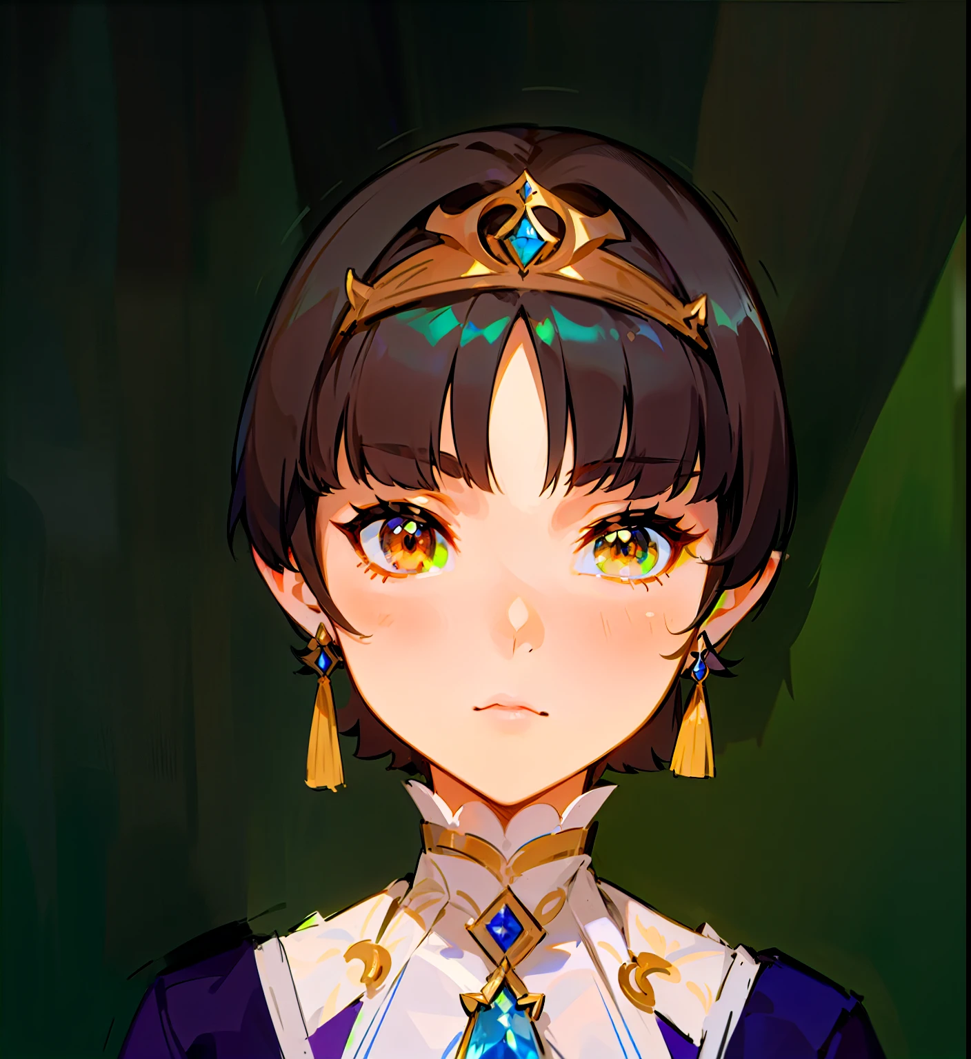 a close up of a person wearing a dress and a necklace, ayaka genshin impact, rei hino as a princess, white hime cut hairstyle, the hime cut, keqing from genshin impact, black hime cut hair, she has elf ears and gold eyes, ayaka game genshin impact, wearing tiara, portrait knights of zodiac girl, from bravely default ii