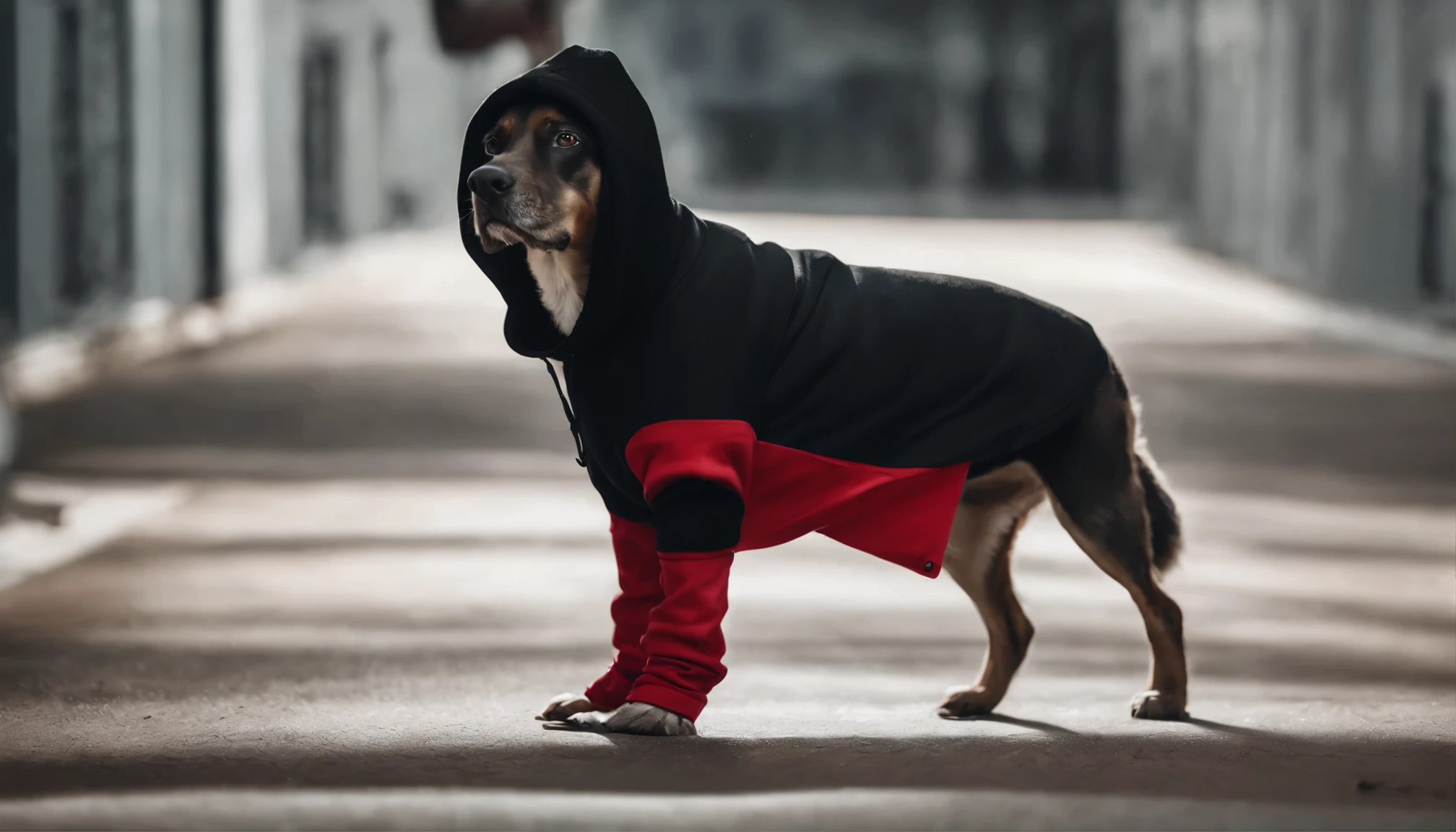Design black graphics, Dog wearing black hoodie red hat, White background,Landing on all fours