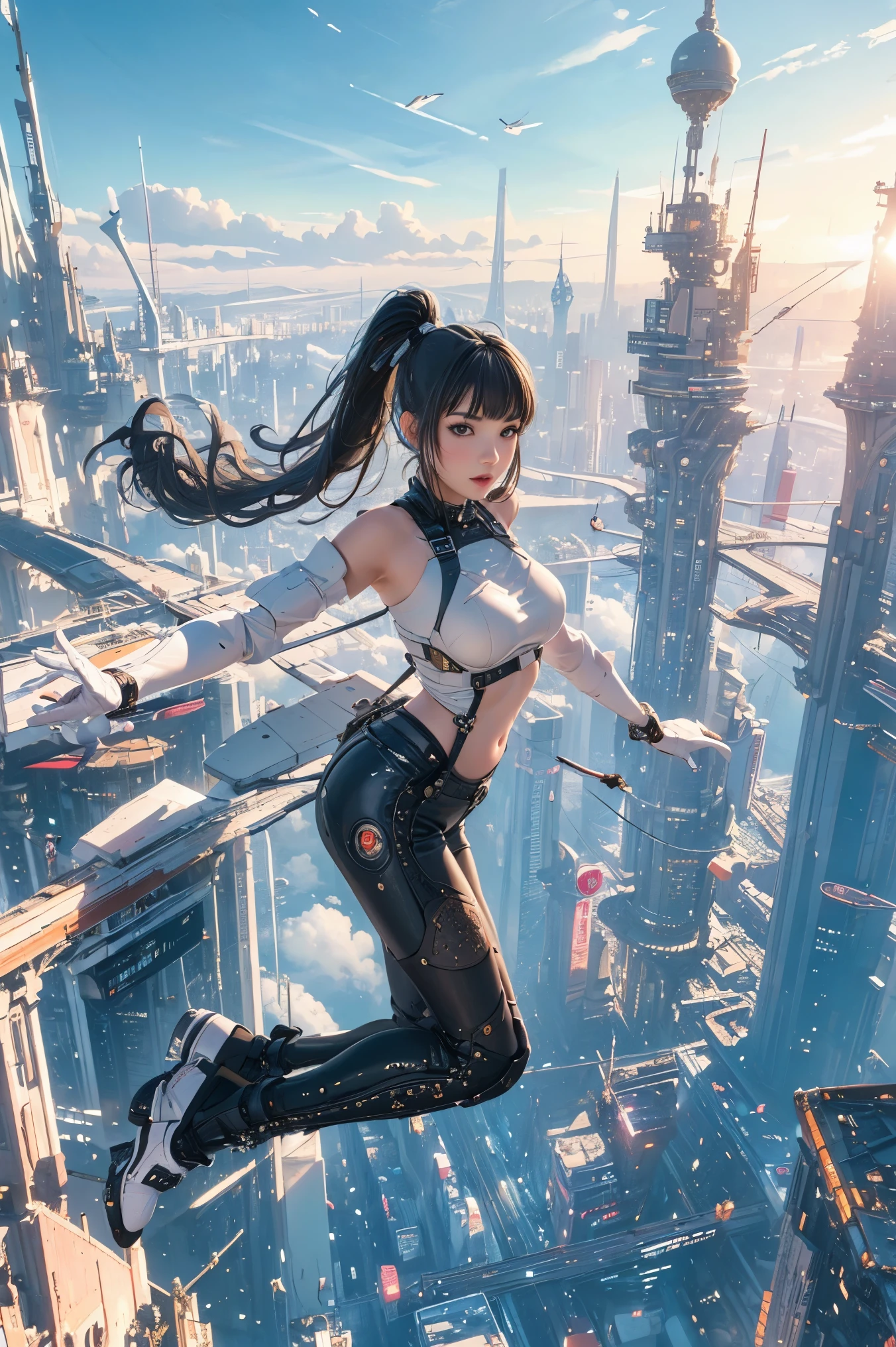 (Super detailed, masterpiece:1.2), extremely detailed artwork, best quality, high resolution, surreal:1.37, attractive girl, amazing leap, background urban cityscape