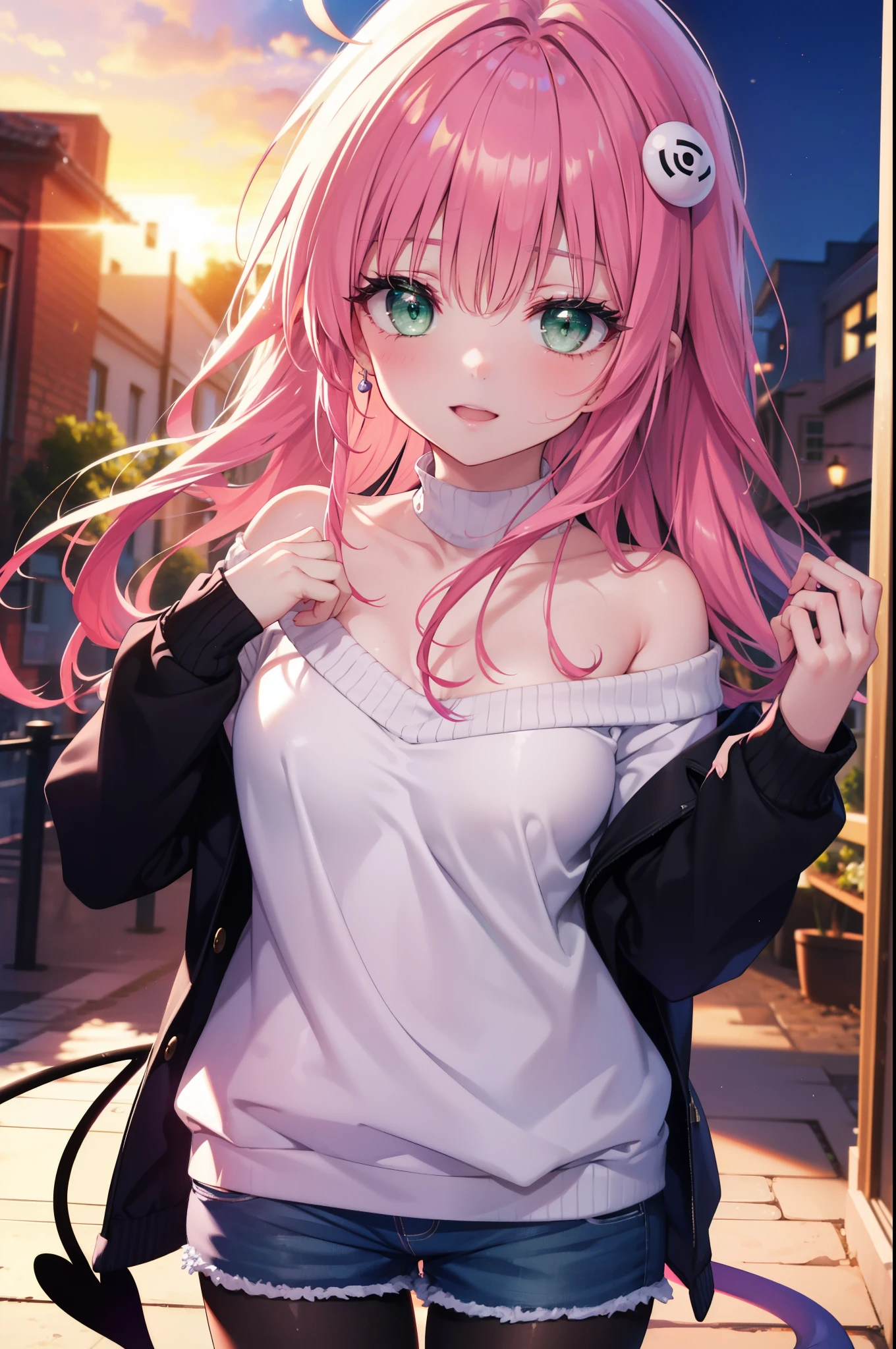 Lara Deviluke, Lara Deviluke, long hair, pink hair, tail, Ahoge, bangs, hair ornaments, (green eyes:1.5), happy smile, smile, open your mouth,demon tail,off shoulder sweater,bare shoulders,bare clavicle,naked neck,shorts,black pantyhose,short boots,evening,sunset,whole bodyがイラストに入るように,
break outdoors, In town,ビル街
break looking at viewer, whole body,Upper body, (cowboy shot:1. 5)
break (masterpiece:1.2), highest quality, High resolution, unity 8k w全てpaper, (shape:0.8), (beautiful detailed eyes:1.6), extremely detailed face, perfect lighting, extremely detailed CG, (perfect hands, perfect anatomy),