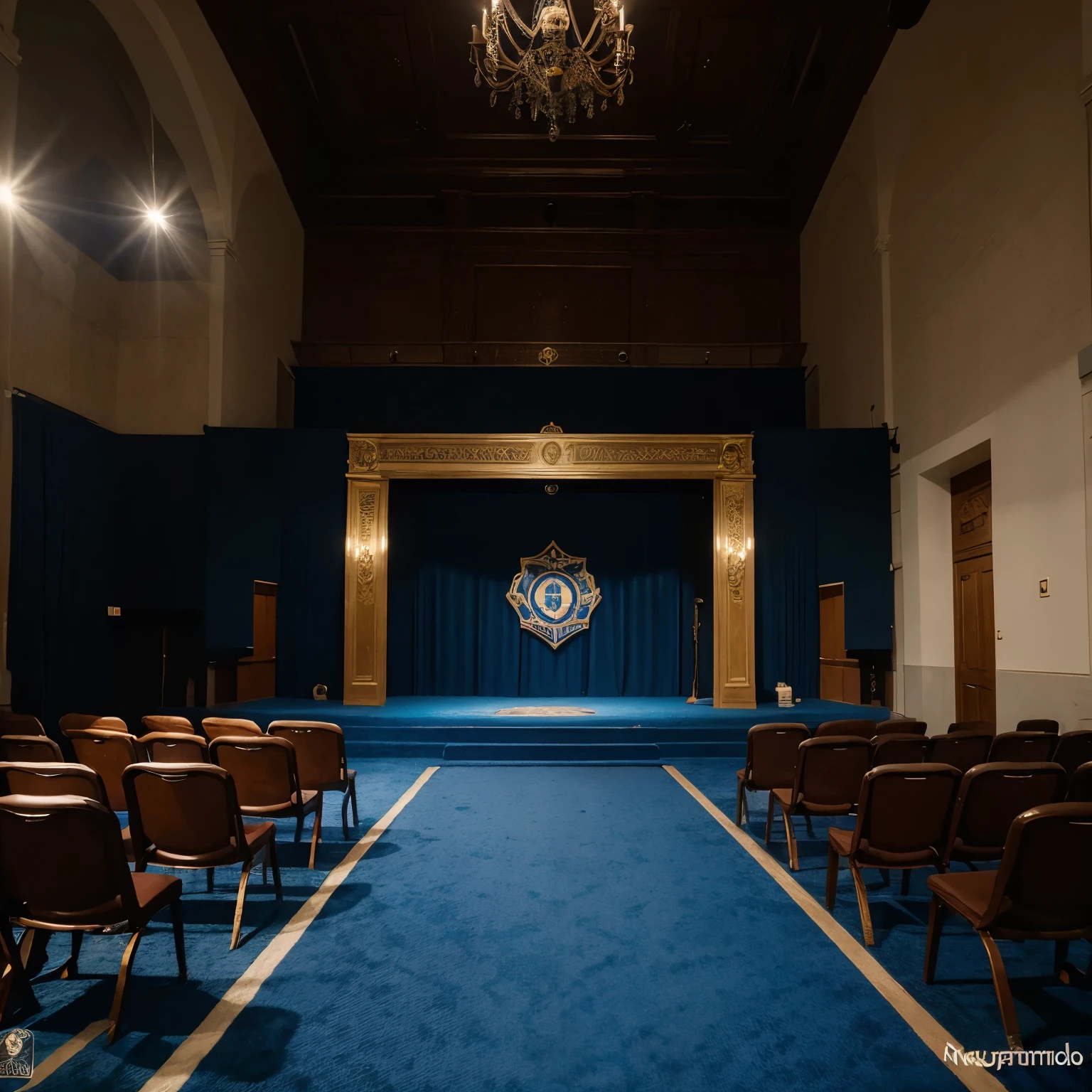 (obra de arte, Melhor qualidade:1.2), fundo azul e preto, com logo "MD musical productions, meeting chamber.