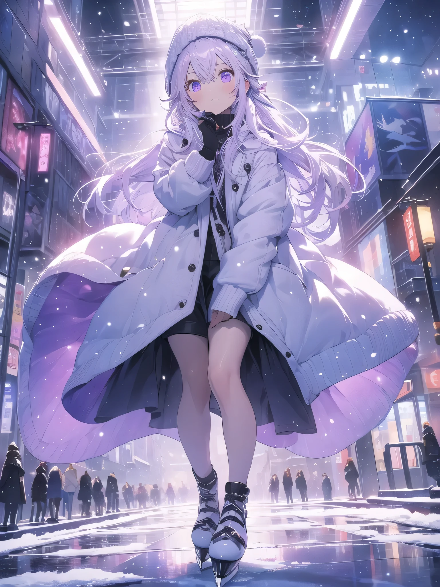 ice skating、snow、outdoor、look up at the sky、white coat、purple knit、knit hat、Black tight shorts、Purple mixed hair color、surreal japanese portrait,Works それ influenced Antonio Lopez&#39;technology, Close zipper, perfect lighting, (perfect hands, perfect anatomy)、outstanding style,hair between eyes（Purple）、red stiletto heels、The angle of view is 5~8、look up、the lighting is bright、white hair in eyes、A field of snow where you can see the rainbow-colored aurora(1:2)
