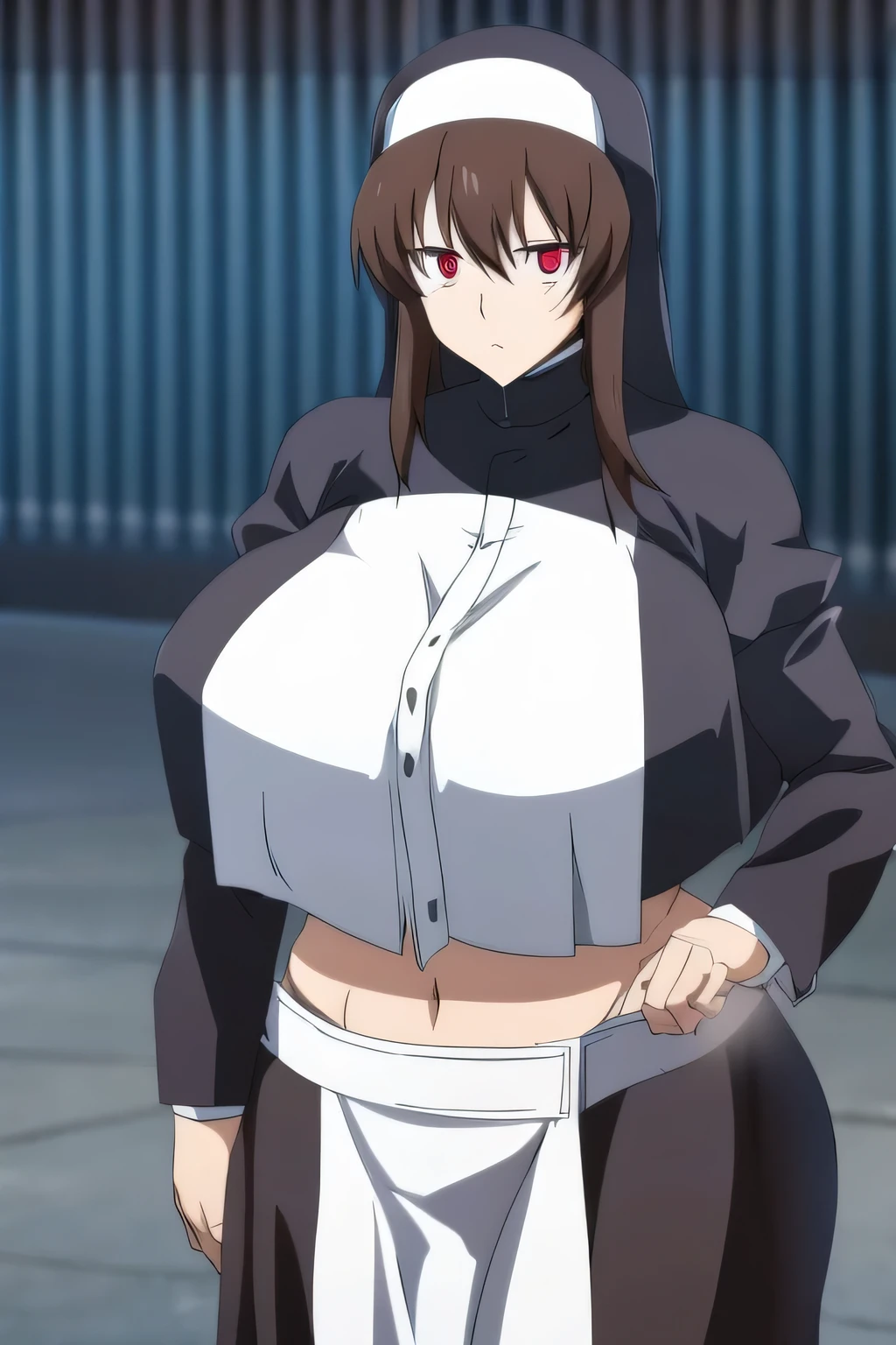 Nun girl big big chest long brown hair and wears short black nun shirt shows navel and underneath a long black nun skirt and wide body and pink eyes lax swollen eyelids