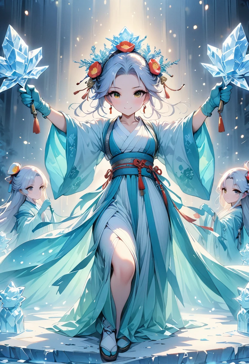 (ice sculpture:1.4),movie angle,(cute ice girl,anatomically correct,whole body, masterpiece Ice camellia,masterpiece Hanfu,Ice gloves,Smile),(best quality, high detail, masterpiece, movie lighting, 4K)