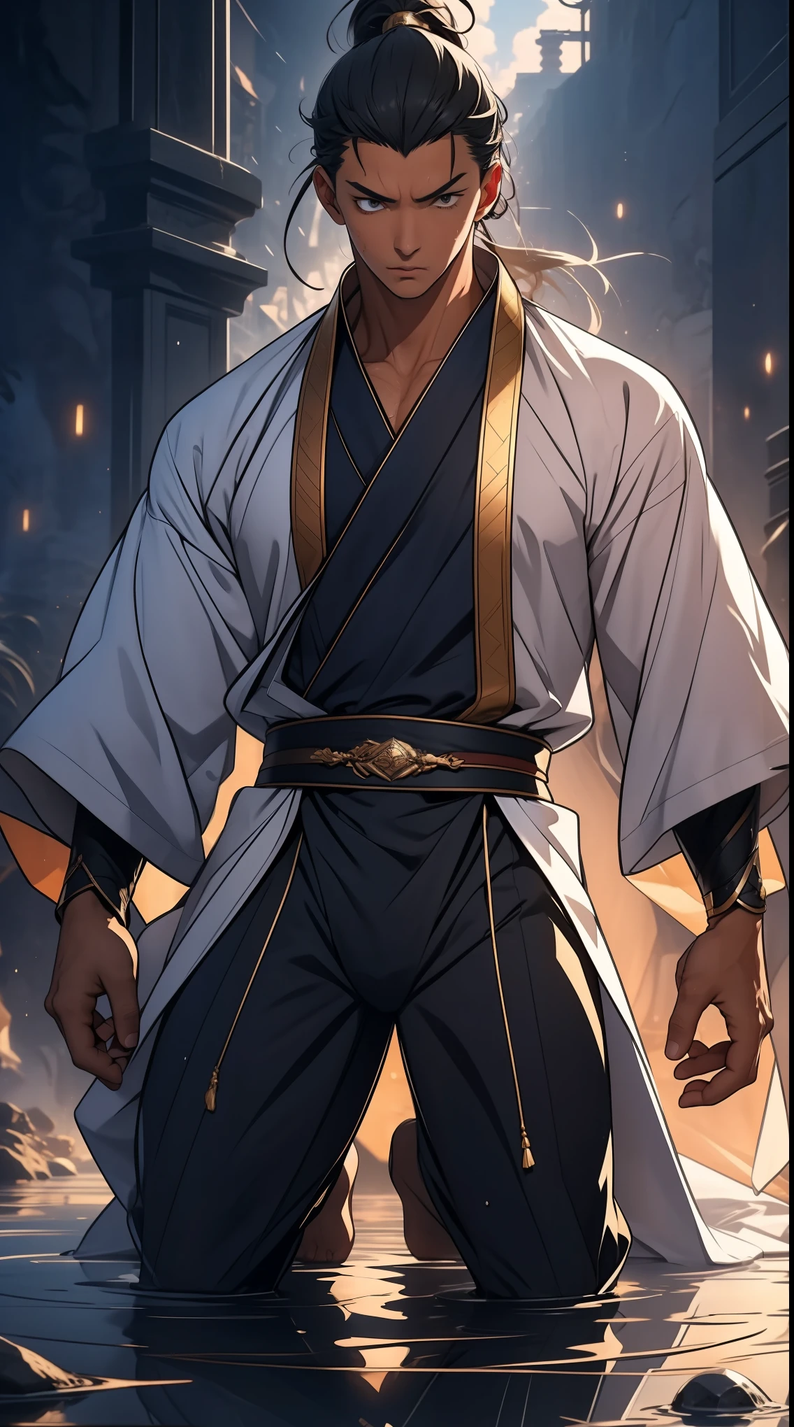 Two dimensions，anime style，one person（male warrior），proportions are correct，facial details，swordsman，High ponytail hairstyle，neck details，Have an Adam&#39;s apple，white robe，joke，white robe，Clothing details，transfer，long sleeve，Game quality，fencing，Ray tracing，Ray tracing，Detailed glow，CG rendering，Hair details，long black hair，black eyes，Handsome，Handsome，（Youthful feeling），Costumes are complicated，Perfect composition，refine，high quality，higher detail，many details，Complex background，a sense of atmosphere， 1 person，very shy，Pee on legs，The semen flows down the thighs，Awkward，excited，very shocked，panicked，Worry，A small puddle of your own urine forms around your feet，Full body female love，Kneeling on the ground，really want，Very uncomfortable，wet yourself，Urine discharge， Sweating in the crotch，Soaked，