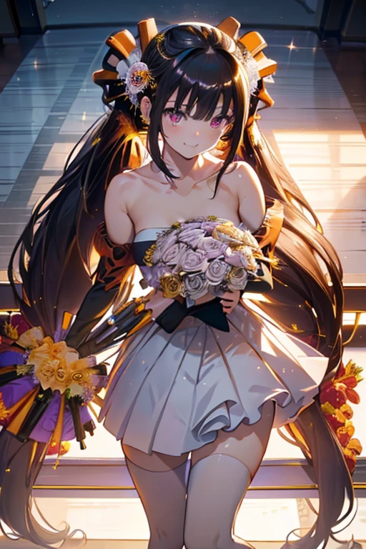 (from above:1.25),(from side:0.8), ((Face)), (Close-Up:0.6), ((looking at viewer, holding a bouquet to his mouth)), highest quality、(real、photorealistic:1.4)、(RAW photo:1.2)、very detailed CG unity 8k wallpaper, delicate and beautiful, wonderful, Fine detail, official art, huge file size, Ultra-detailed, very detailed girl, very detailed eyes and face, Bright on the face、(26 age girl:1.0)、small smile, smiling, (twintail hair:1.25), hair between eyes, hair twintails, (long hair:1.25), tiara,ruany,off-shoulder dress,pearl ,(gemstone),tiara,veil,wedding dress, wedding necklace, wedding long gloves, (luxurious bouquet:1.9), chapel, Stained glass,(best quality, highres, masterpiece:1.2), ultra-detailed, (realistic:1.37) illustration, erotic style, soft lighting, sweat glistening on her body, gentle warmth, mysterious, small breast,narrow waist,(with sparkling eyes and a contagious smile),her thin pubic hair, looking at viewer,