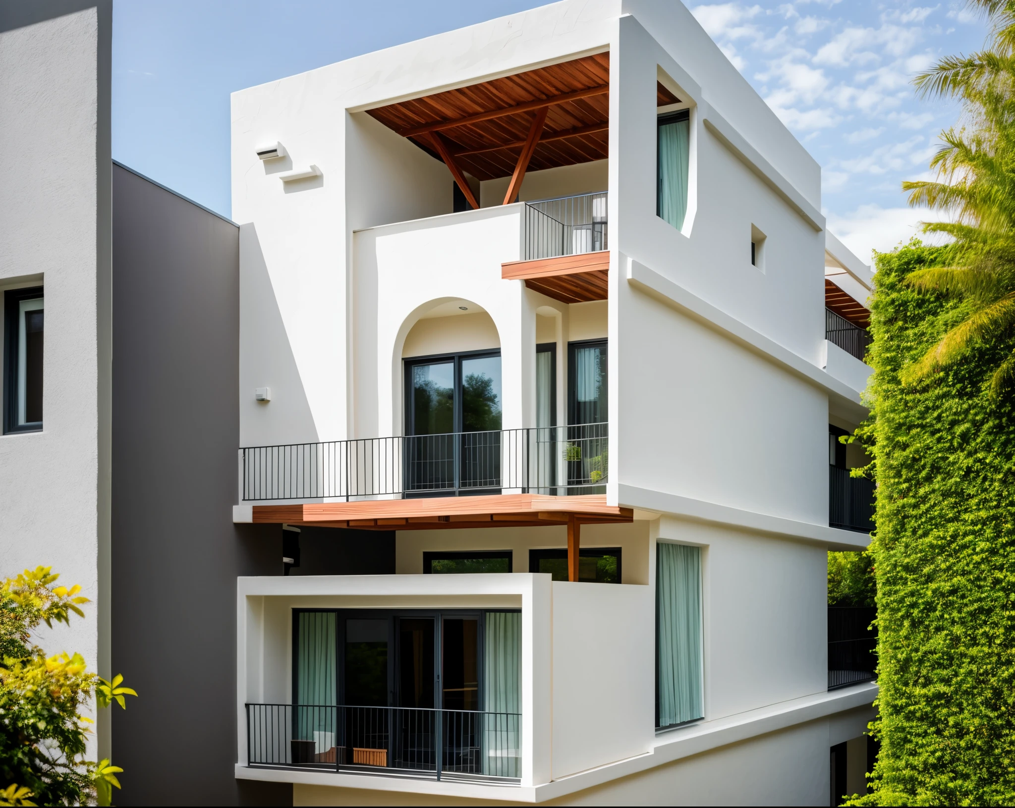 exterior of house, contemporary style, balconies, plants and flowers on balconies, , realistic, RAW photo, 8k uhd, dslr, soft lighting, high quality, film grain, Fujifilm XT3,masterpiece,