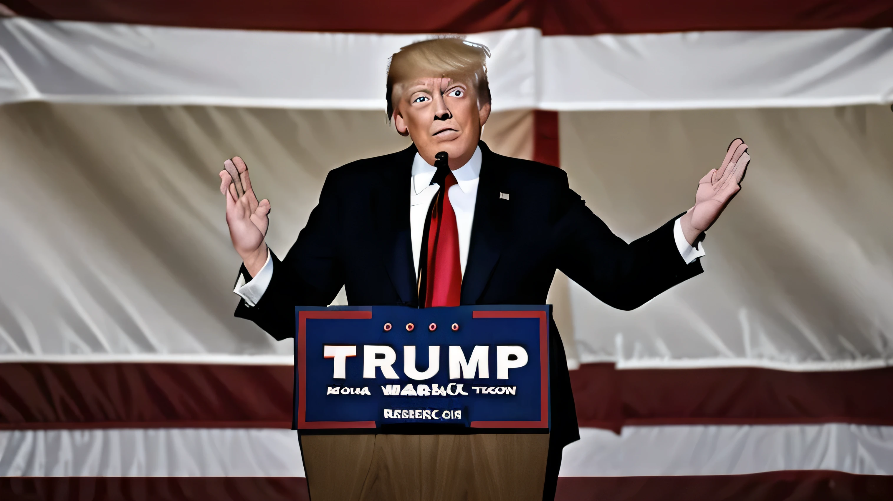 Donald Trump standing at podium at one of his political rallies, american flags in background