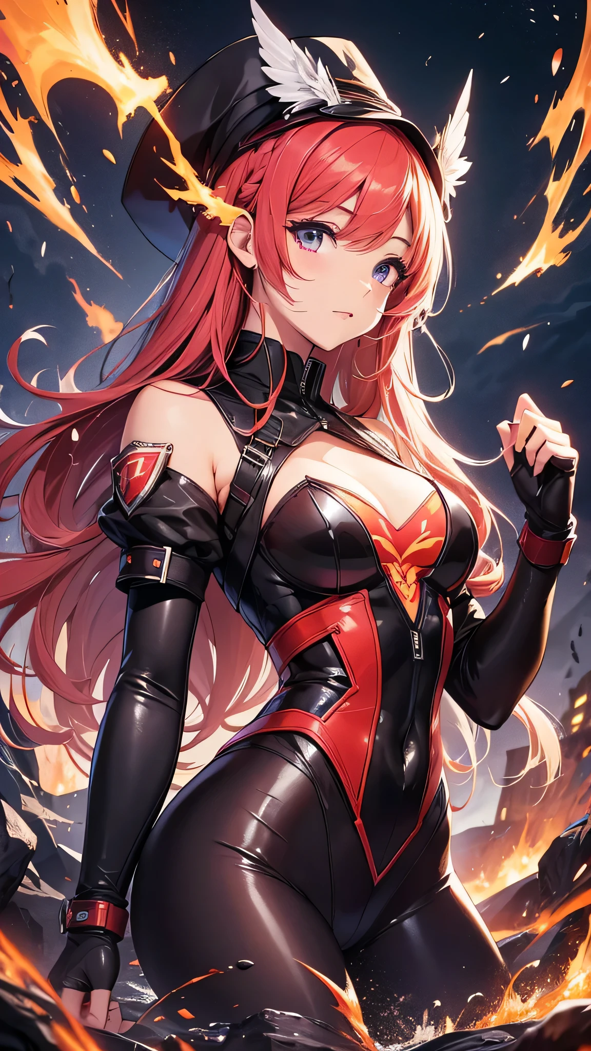 最high quality、best image quality、masterpiece、girl((20-year-old、 By becoming、vest bust、medium bust,wide open breast tea、shining eyes, glowing red hair、long hair、thin,highest valley、black and red suit、Wristband、black gloves、hero pose、inflammation from hands)),high quality、beautiful art、background((inflammation、volcano、magma、eruption、meteorite))、Flight、debris flies、Depth of written boundary、movie、visual art、perfect art、8K,genuine、