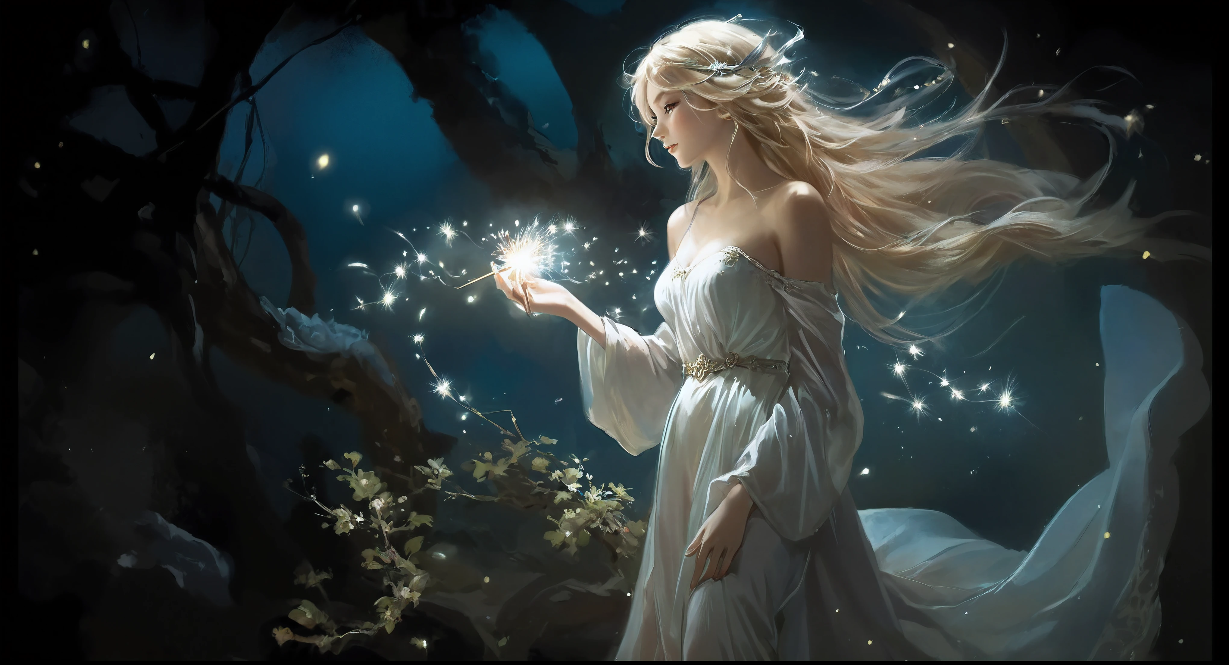 An arafe woman in a white dress holding a sparkler in her hand, beautiful fantasy art, very beautiful fantasy art, beautiful fairy, beautiful fairys, fantasy beautiful, beautiful fantastic paintings, astral fairy, beautiful fairy, fantastic fantasy, beautiful fantasy maiden, beautiful fairyの魔術師, amazing young graceful person, Fairy dust in the air, mysterious beauty