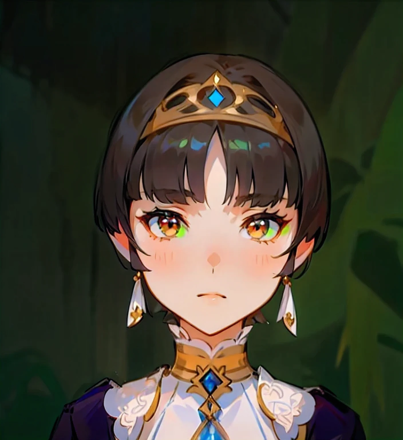 a close up of a person wearing a dress and a necklace, ayaka genshin impact, rei hino as a princess, white hime cut hairstyle, the hime cut, keqing from genshin impact, black hime cut hair, she has elf ears and gold eyes, ayaka game genshin impact, wearing tiara, portrait knights of zodiac girl, from bravely default ii