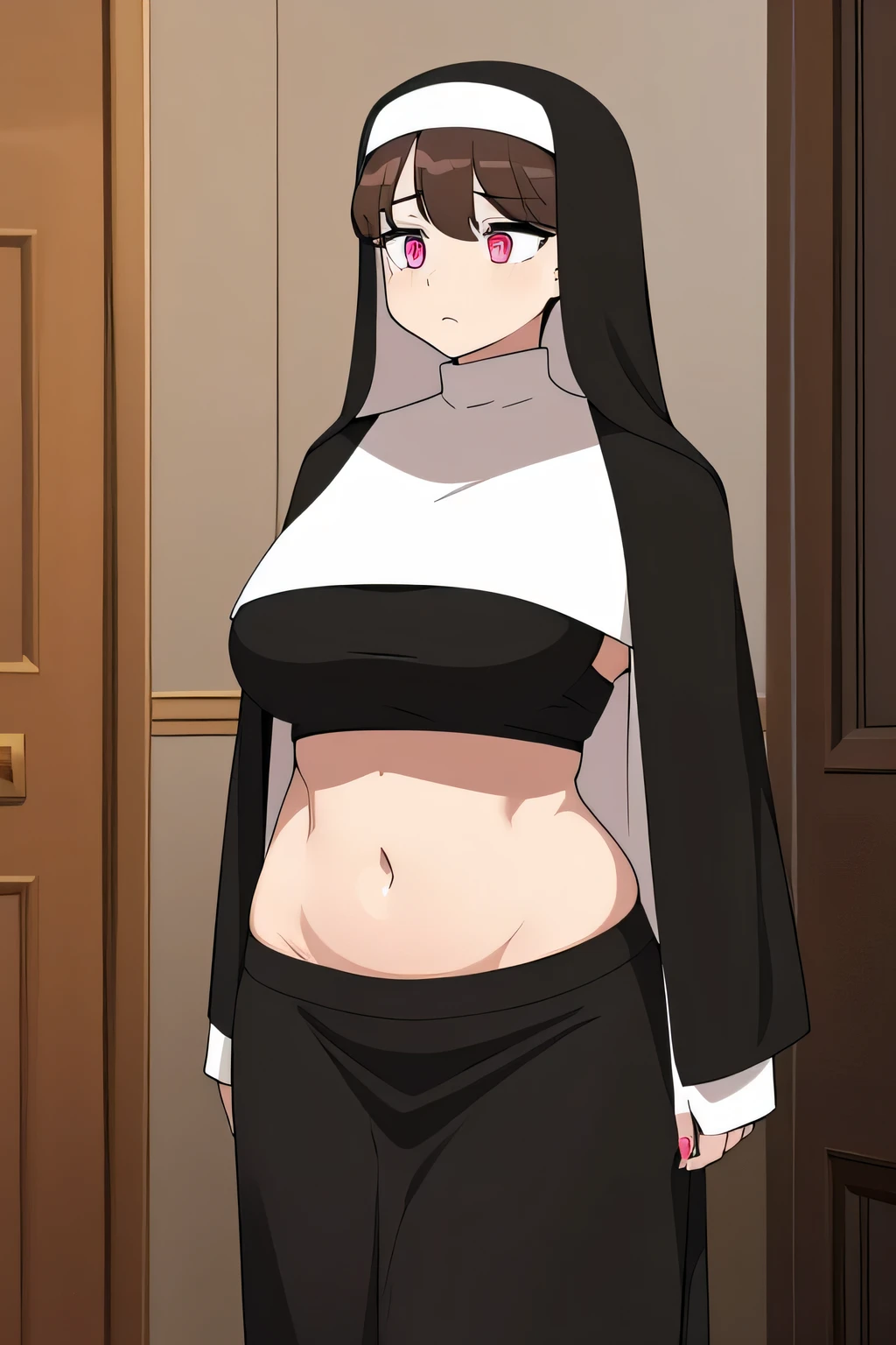 Sleepless girl stressed a lot big nun big chest long brown hair and wears short black nun shirt shows navel and underneath a long black nun skirt and wide body and pink eyes lax swollen eyelids