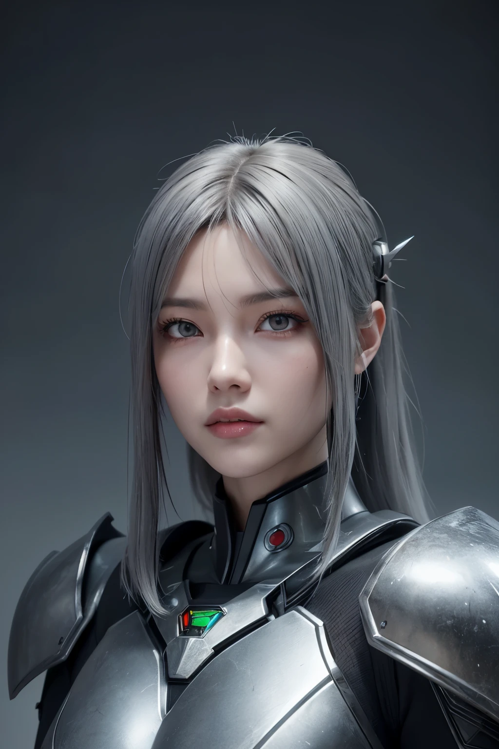 Masterpiece,Game art,The best picture quality,Highest resolution,8K,(Portrait),Unreal Engine 5 rendering works,(Digital Photography),((Portrait Feature:1.5)), 20 year old girl,Short hair details,With long bangs,(The red eye makeup is very meticulous),(With long gray hair:1.4),(Large, full breasts),Elegant and noble,Brave and charming, (Future armor combined with the characteristics of ancient Chinese armor,Hollow design,Power Armor,The mysterious Eastern runes,A delicate dress pattern,A flash of magic),Warrior of the future,Cyberpunk figures,Background of war, Movie lights,Ray tracing,Game CG,((3D Unreal Engine)),OC rendering reflection pattern