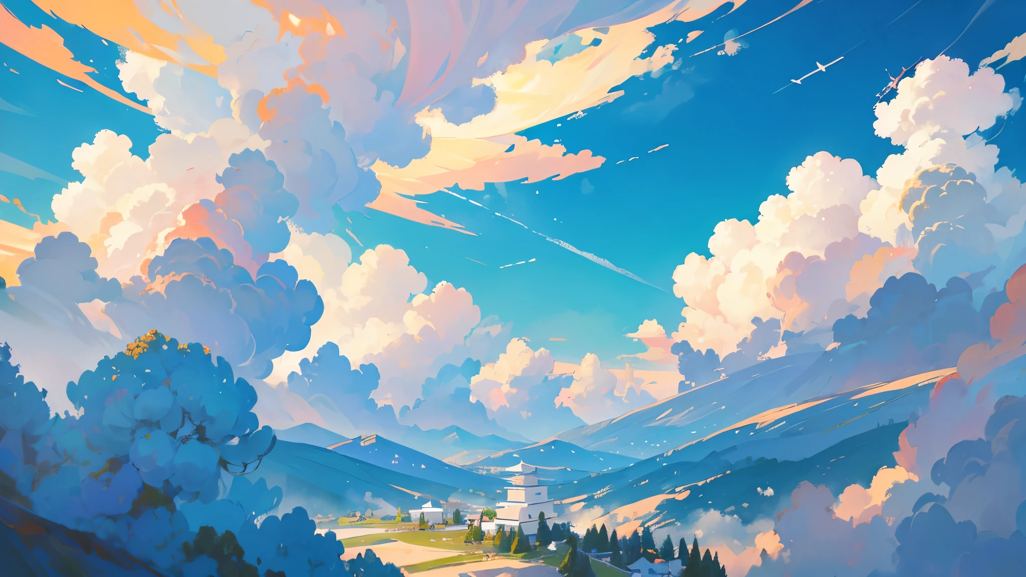 一张illustration,只有蓝天白云的illustration,Layered white clouds,sunny,illustration,Little fresh,masterpiece,movie quality