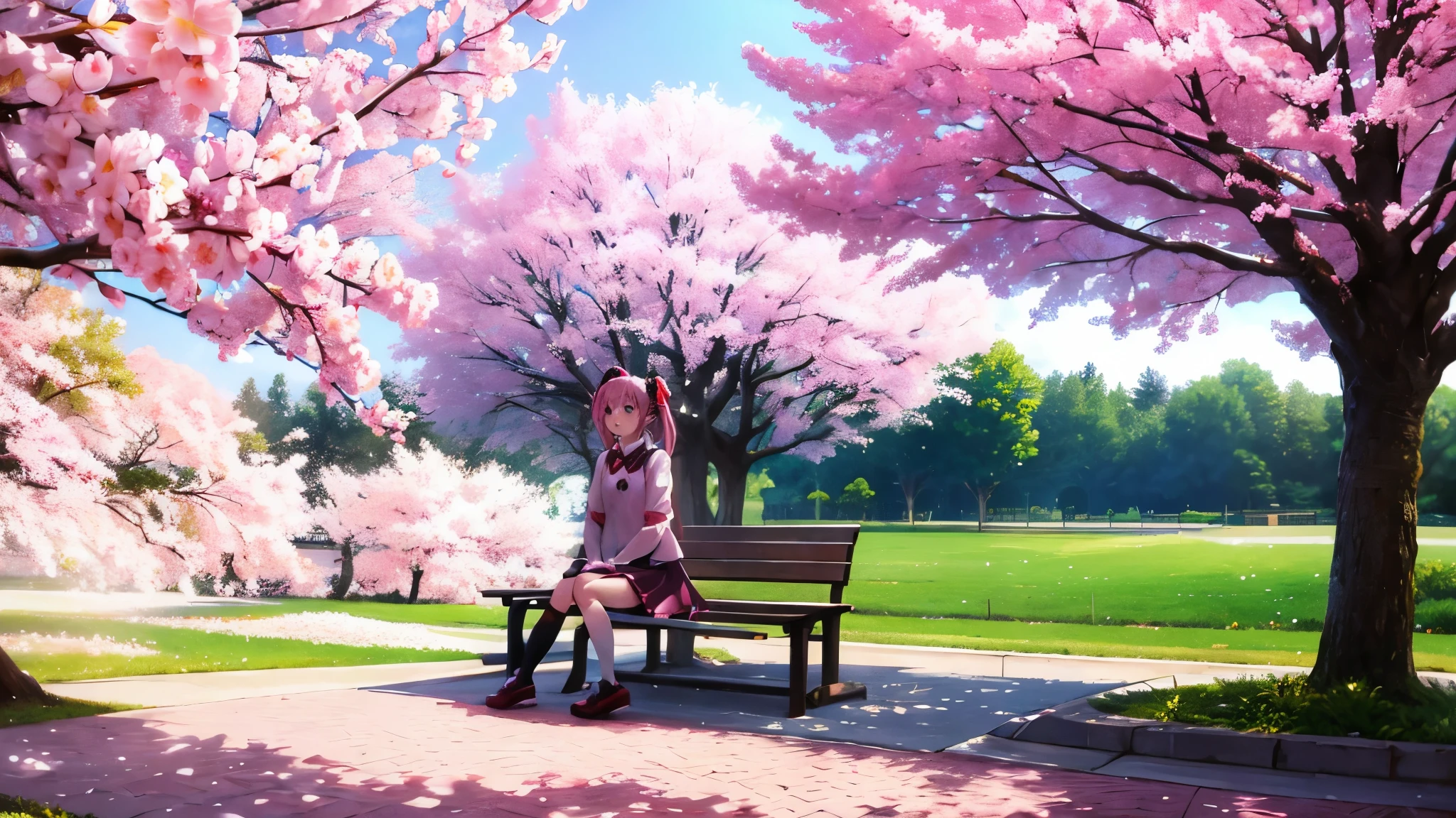 anime characters、Sakura Miku、26 years old、twin tails、happy look、A park with cherry blossoms in full bloom、Sitting alone on a bench