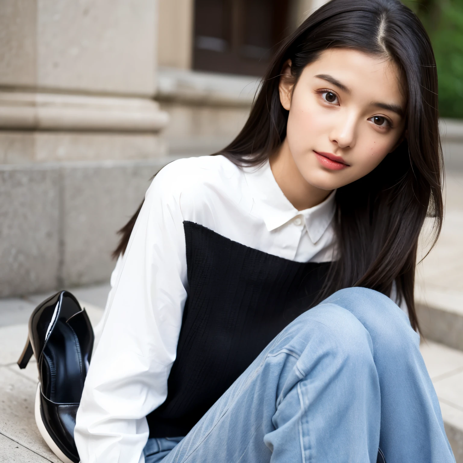 ((Best quality, 8K, Masterpiece: 1.3)), ung woman, striking black hair: 1.4, flat shoes: 1.2, Slim figure: 1.2, ((Detailed facial and skin texture, Natural makeup): 1.3)), Long sleeve blouse: 1.1, Skirt with pleats: 1.1, Books in hand: 1.1, Casual and relaxed posture: 1.2, Bright eyes conveying intelligence: 1.2.
This masterpiece presents a college girl in her casual best. Her black hair flows freely, complementing her flat shoes. With a slim figure, she exudes